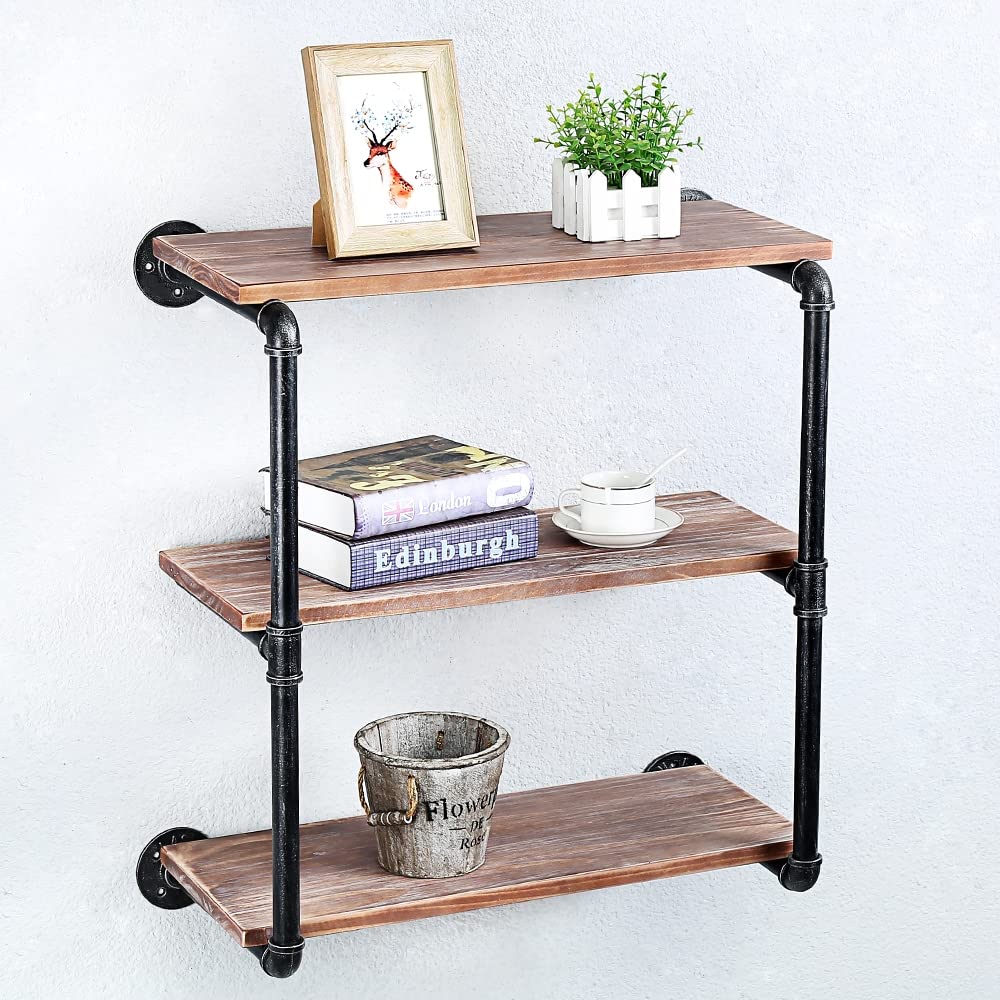 Industrial Pipe Floating Shelves - 3 Tier 24 Inch Wall Mounted Wood & Metal Shelving for Books, Decor & Storage | Perfect for Living Room, Bedroom & Home Office Organization