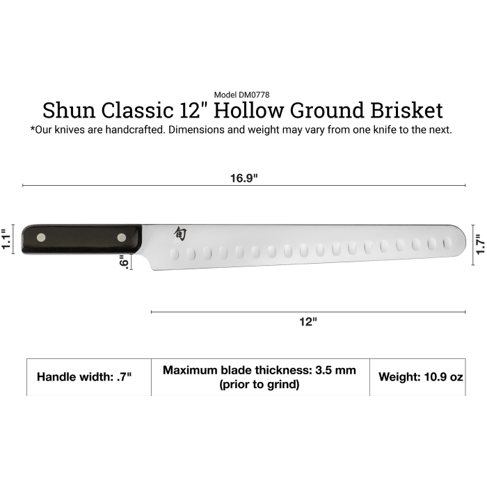 Shun Classic 12-Inch Hollow Ground Brisket Knife with Saya - Premium Japanese Chef Knife for BBQ, Slicing Meat & Culinary Arts - Perfect for Professional Chefs & Home Cooking