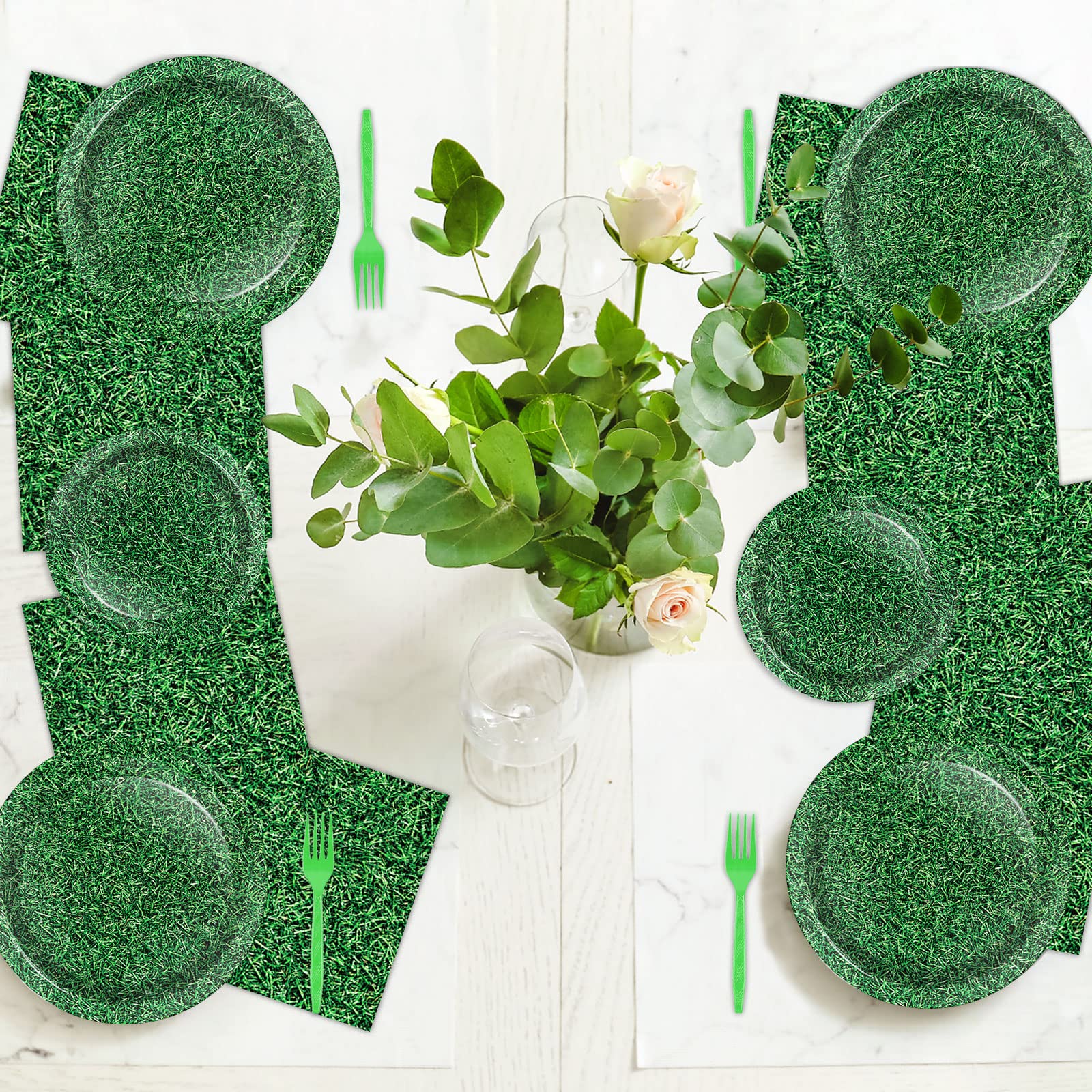 96-Piece Green Grass Party Plates & Napkins Set - Sage Greenery Tableware for Birthday, Baby Shower - Eco-Friendly Disposable Plates & Napkins for 24 Guests - Perfect for Garden Parties, Spring Celebrations & Outdoor Events
