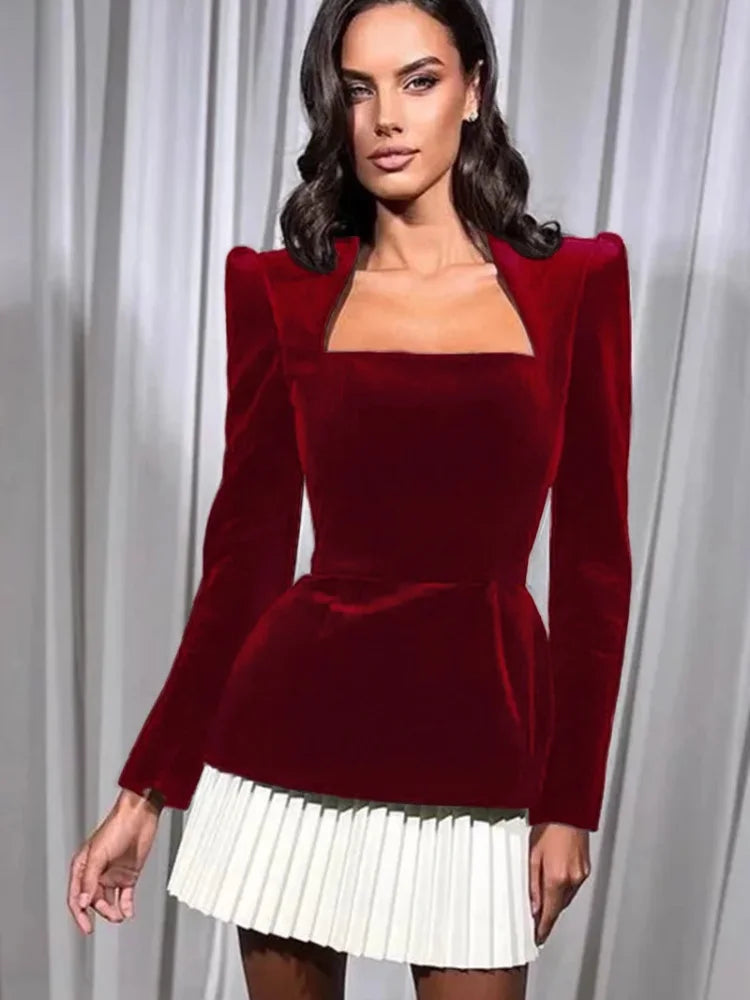 Elegant Velvet Midi Dress with Contrast Pleated Hem & Square Neck - Shoulder Padded Short Dress for Women | Fall Evening Party, Cocktail Events & Holiday Occasions