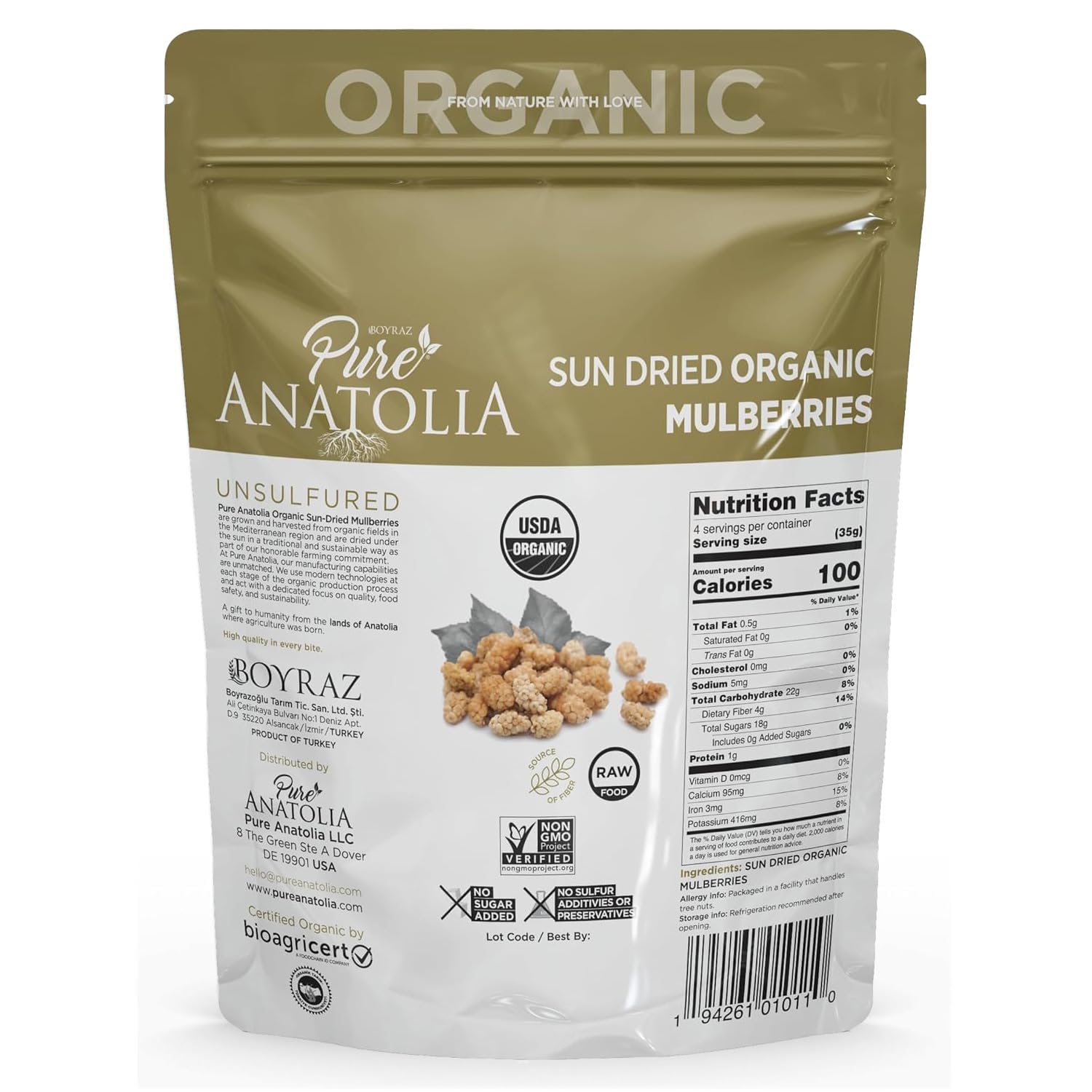 Pure Anatolia 100% Organic Sun-Dried White Mulberries - Non-GMO, No Sugar Added, Sulfur-Free, Healthy Whole Fruit Fiber Snack - 5oz Resealable Bag | Perfect for Smoothie Bowls, Yogurt Toppings & Healthy On-the-Go Snacking