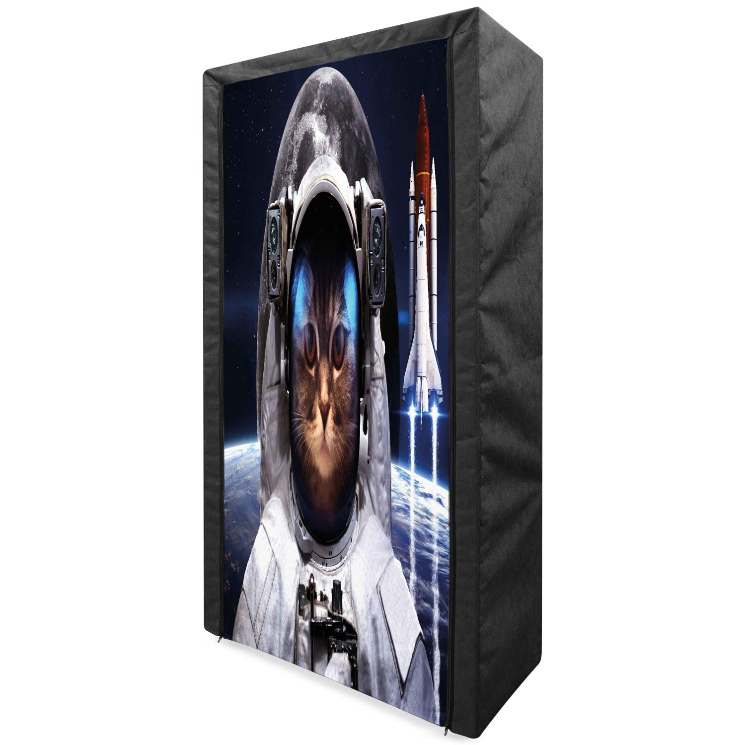 Ambesonne Space Cat Fabric Wardrobe - Portable Clothing Organizer with Shelves, 33.5 Inch Storage Closet for Bedroom, Navy Blue White & Red - Perfect for Small Spaces, Dorm Rooms & Apartment Organization