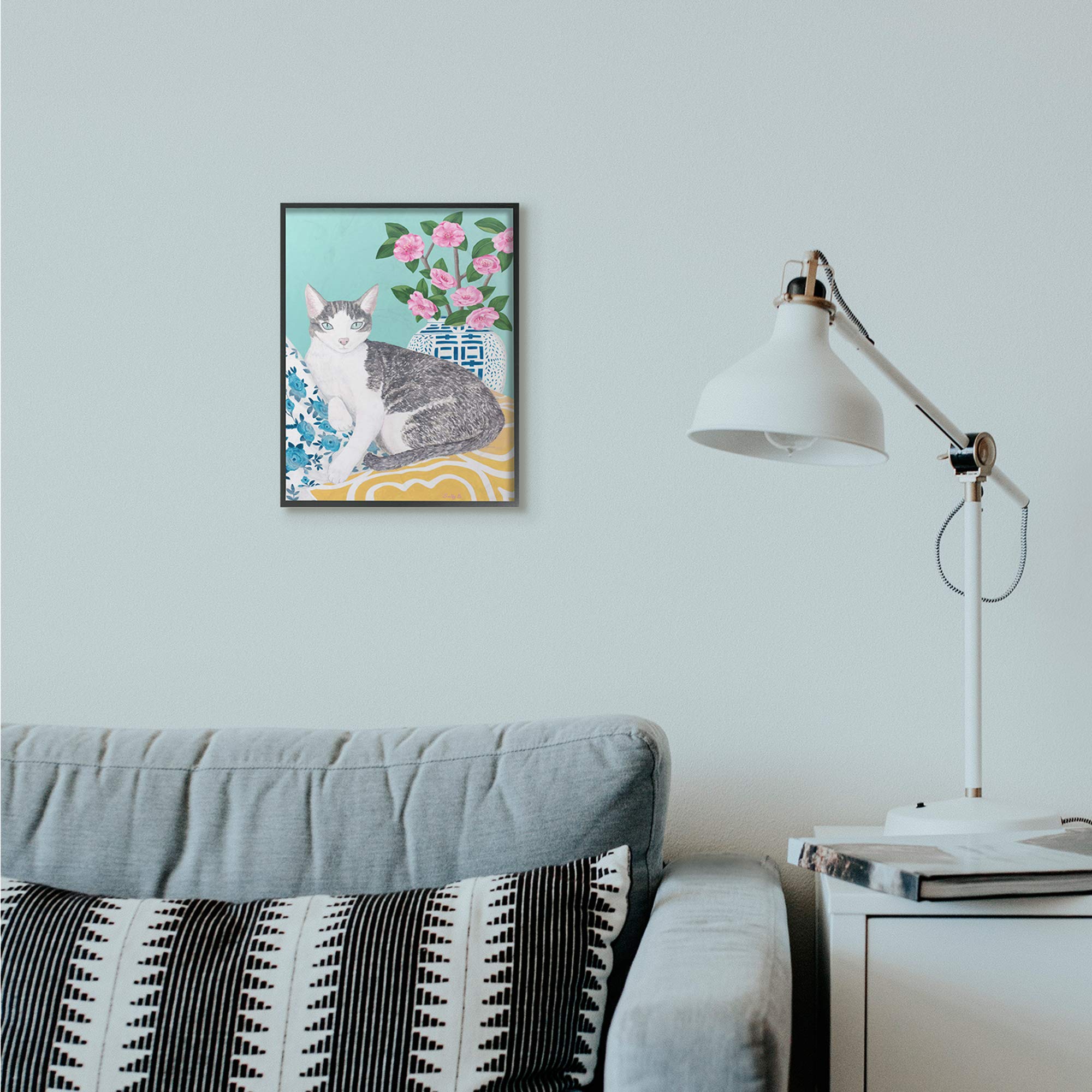 Stupell Industries Framed Cat Painting - Sally B Pastel Animal Art with Cushion & Vase, 11x14 Inch Black Frame | Perfect for Living Room, Bedroom Decor & Gift for Cat Lovers