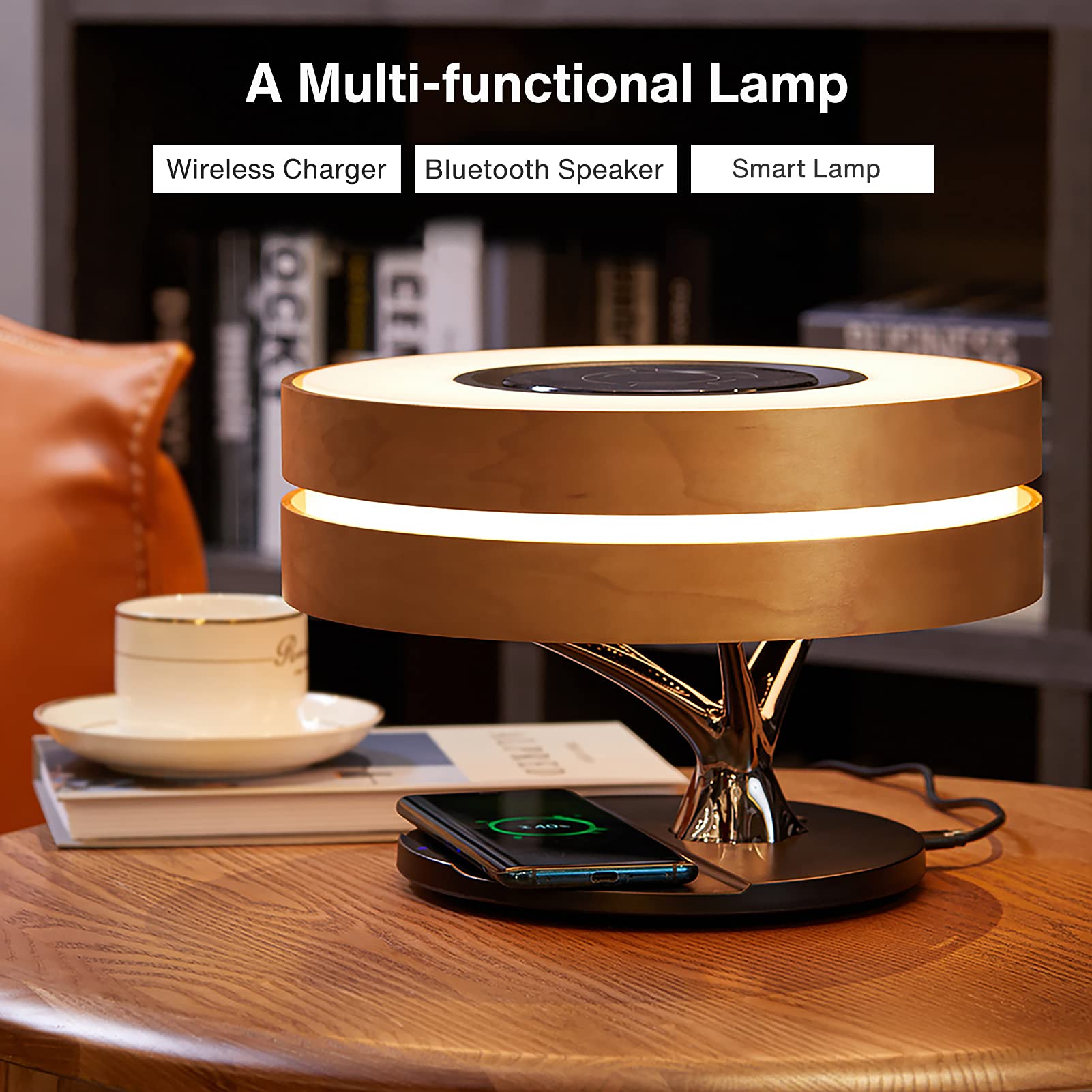AMPULLA Masdio Horizon Bedside Lamp - 10W Wireless Charger & Bluetooth Speaker, Digital Clock Night Light with Stepless Dimming & Sleep Mode - Perfect for Bedroom Nightstand, Reading, Relaxation & Ambient Lighting