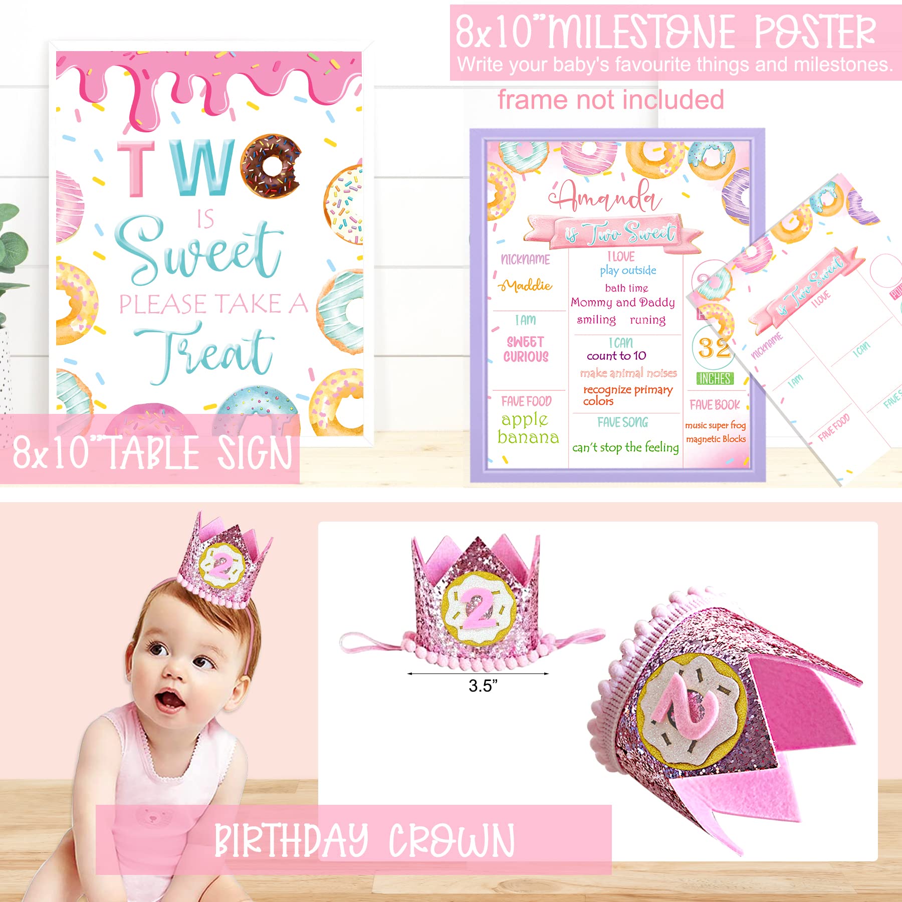 Two Sweet Donut Ice Cream Birthday Party Decorations Set - 2nd Birthday Party Supplies for Girls, Baby Girl 2nd Birthday Decor, Ice Cream Donut Theme Party Decorations | Perfect for Birthday Celebrations, Baby Showers & Themed Parties
