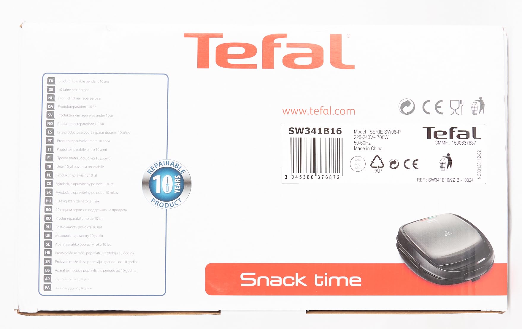 Tefal SW341B All-In-One Waffle & Sandwich Maker with 2 Dish Sets, 700W, Grey/Black - Perfect for Breakfast, Snacks & Quick Meals
