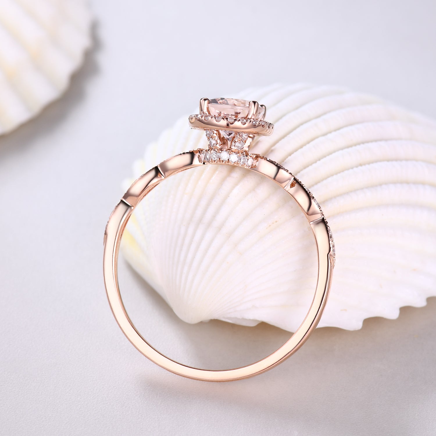 5x7mm Oval Cut Halo Morganite & Diamond Engagement Ring - Vintage Art Deco Style for Wedding, Proposal & Anniversary Gifts