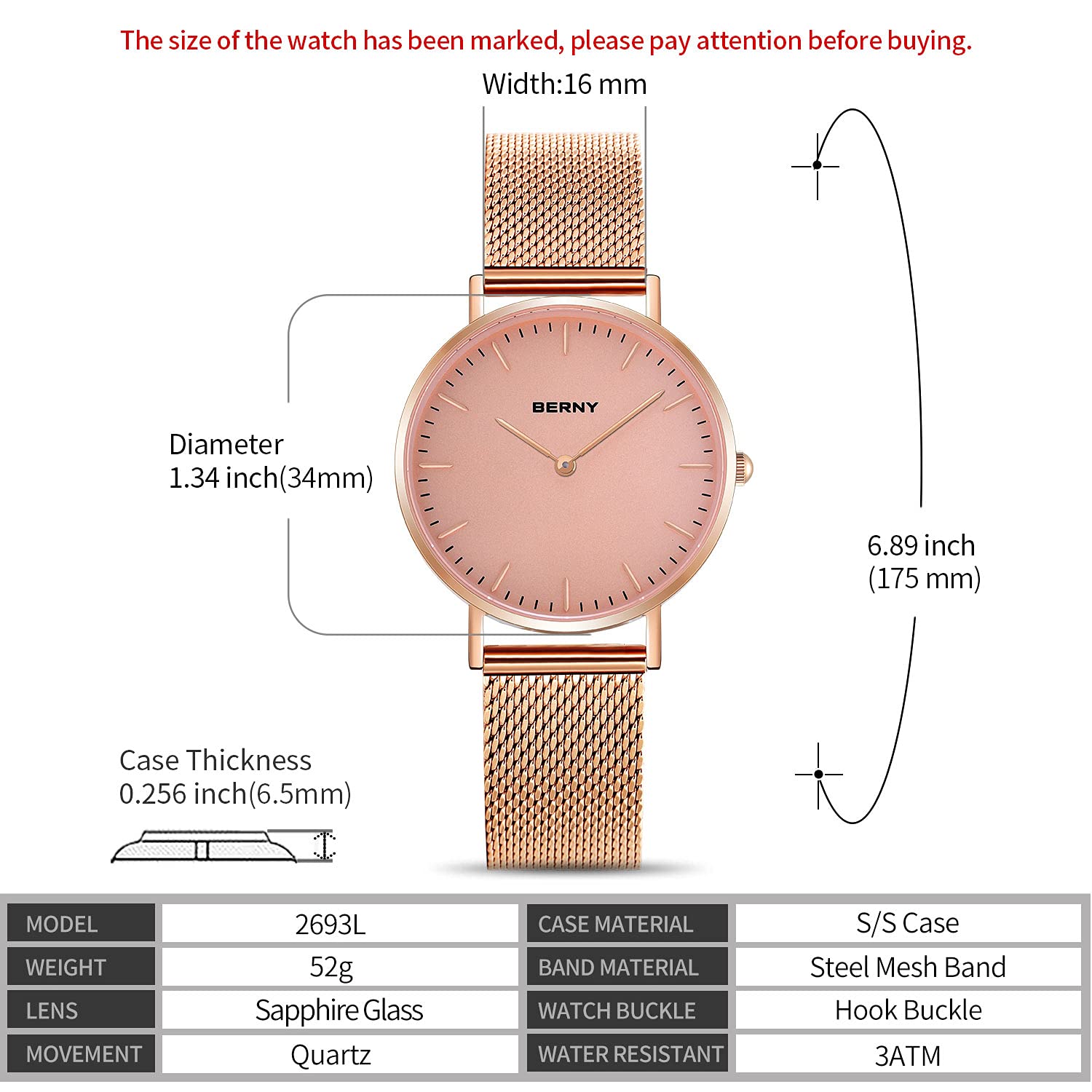 BERNY Women's Rose Gold Minimalist Quartz Watch - Ultra-Thin Two-Hand Design with Mesh Strap, Waterproof Fashion Wristwatch for Everyday Wear, Office & Special Occasions