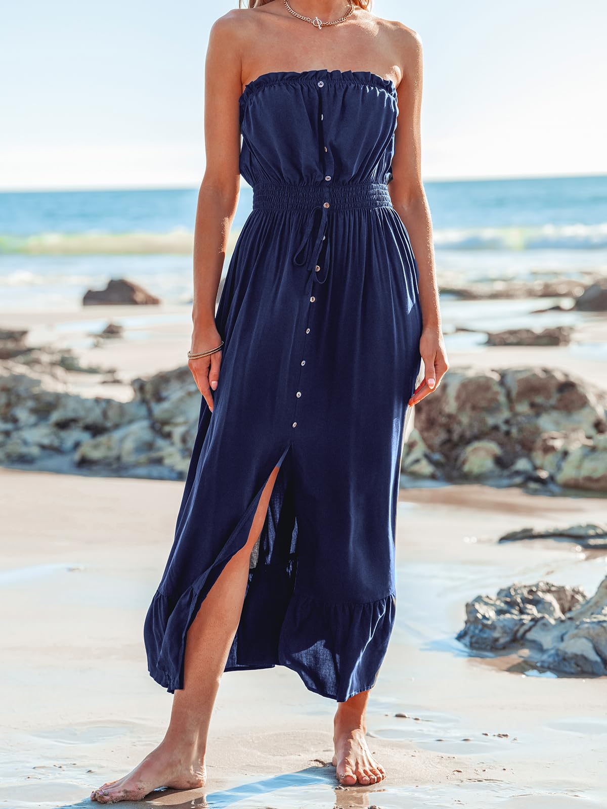 CUPSHE Women's Ruffle Beach Cover Up Dress - Strappy Neck, Smocked Waist, Side Slit Maxi Dress for Summer | Swimwear Cover Up, Pool Party, Vacation Outfit, Boho Chic Style