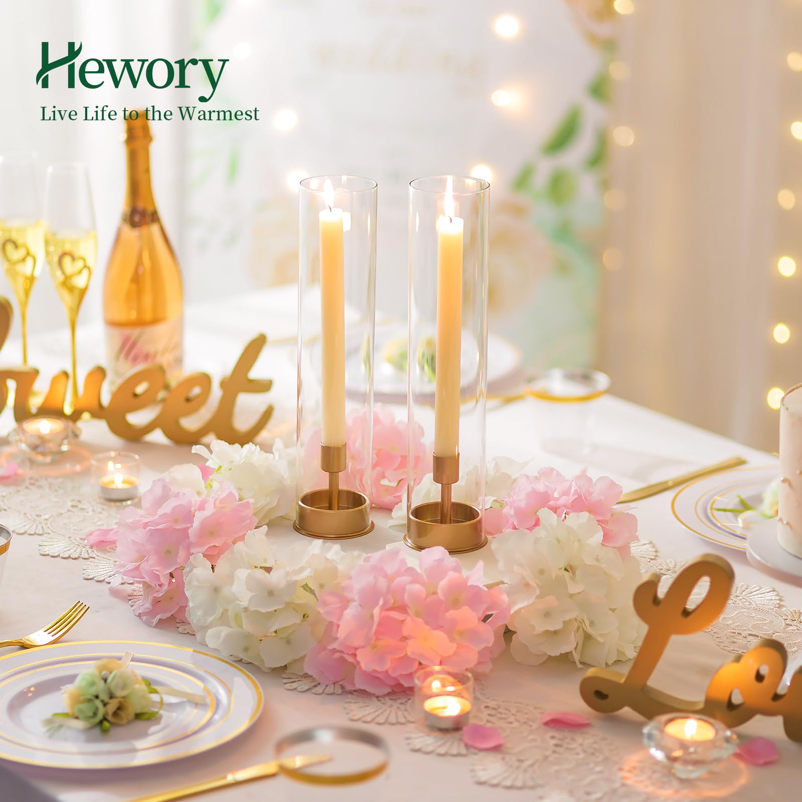 Hewory 2-Pack Gold Hurricane Taper Candle Holders - Elegant Glass Candlesticks for Wedding Centerpieces, Party Decor, Christmas Home Decor | Perfect for Dining Table, Mantel, and Event Decorations