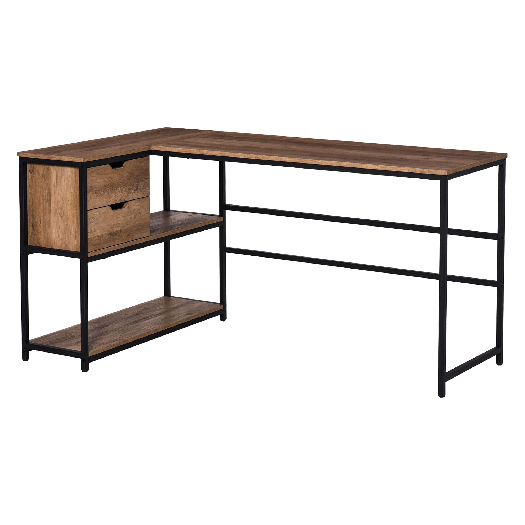 HOMCOM L-Shaped Home Office Computer Desk with Storage Shelves, 2 Drawers & Industrial Steel Frame - Black/Brown - Perfect for Small Spaces, Gaming & Workstation Setup