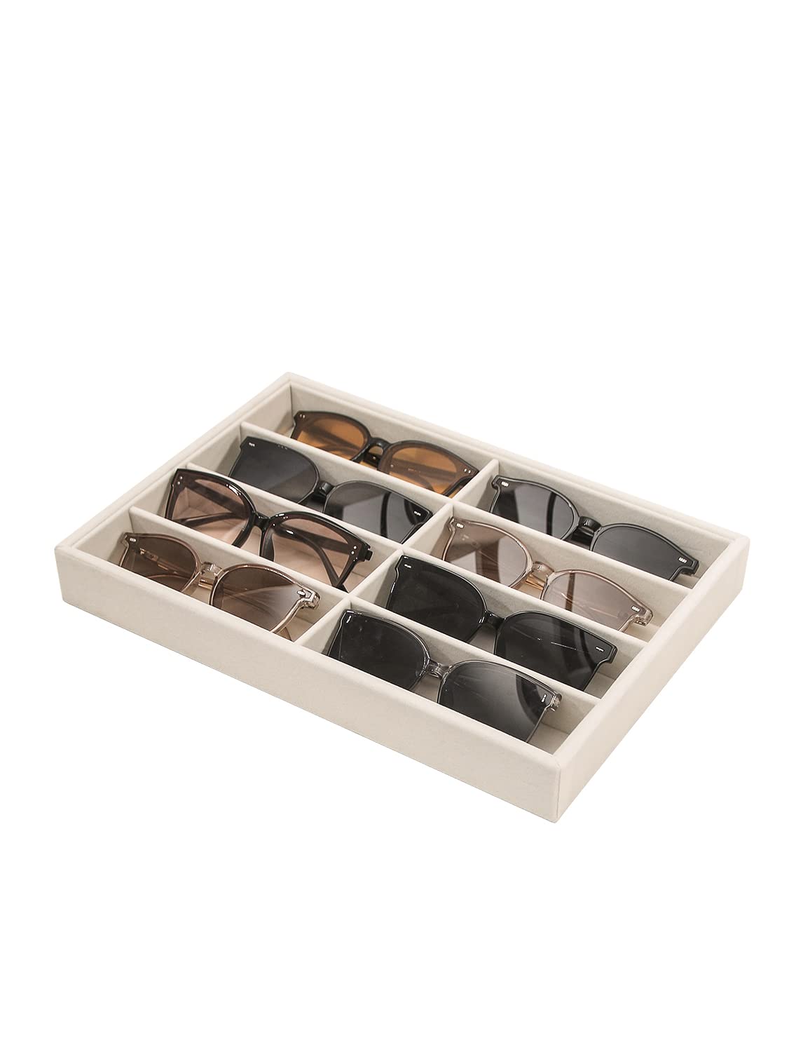 Premium Beige Velvet Sunglass & Eyewear Organizer Tray - 8 Grid Glasses, Watch & Jewelry Display Box for Men & Women - Perfect for Dresser, Vanity, Office & Travel Storage