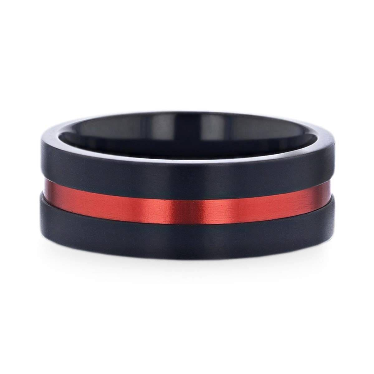 Blaze Flat Brushed Black Titanium Men's Wedding Band with Red Aluminum Groove - 8mm Comfort Fit Ring for Men, Perfect for Engagement, Anniversary & Everyday Wear