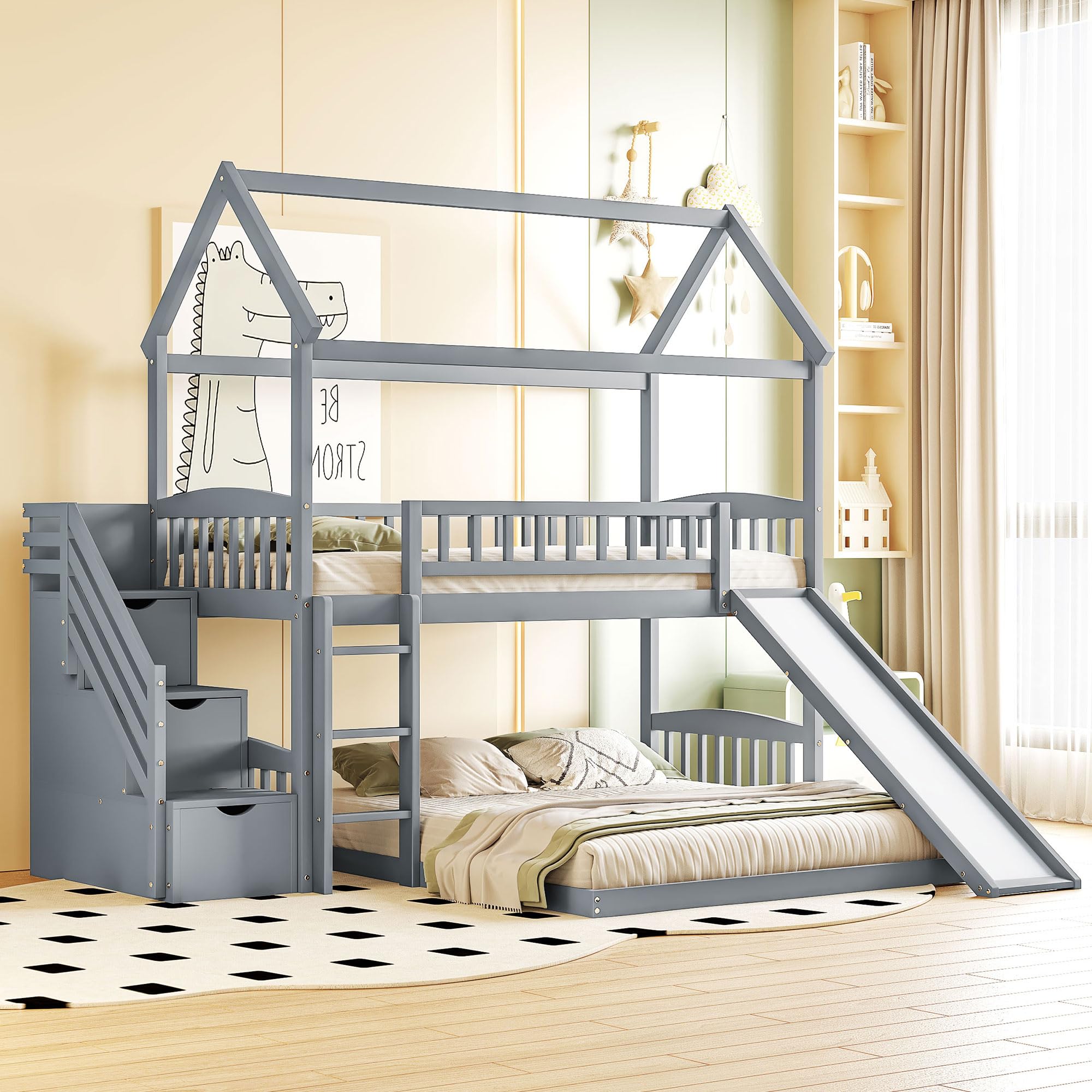 Solid Wood Twin Over Twin Bunk Bed with Slide - Kids Loft Bed with Storage Staircase, Roof & Guardrails - Easy Assembly House Bed for Boys, Girls & Teens (Gray) - Perfect for Small Bedrooms, Playrooms & Sleepovers