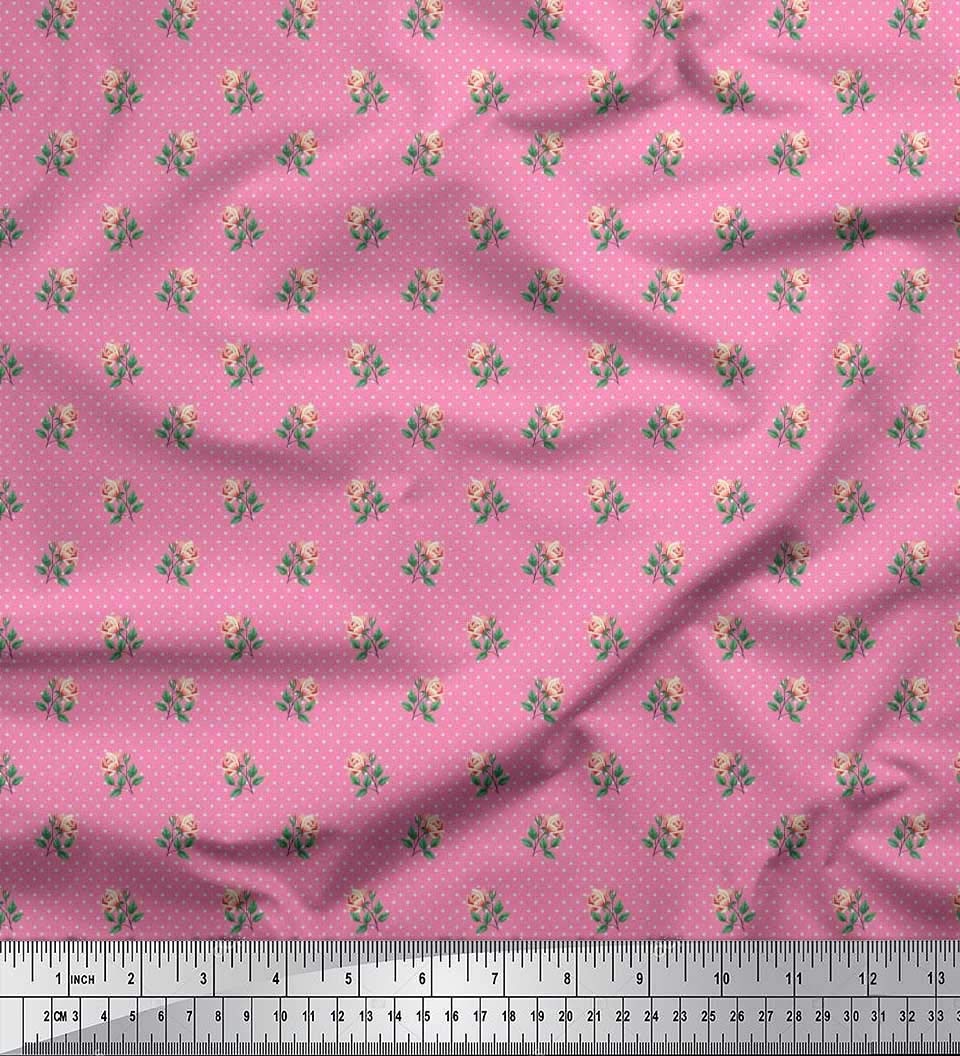 Soimoi Rayon Pink Floral Fabric by The Yard - 42 Inch Wide - Dot, Leaves & Rose Printed Fabric for Fashion & Home Decor - Perfect for Dresses, Curtains, DIY Crafts & Upholstery