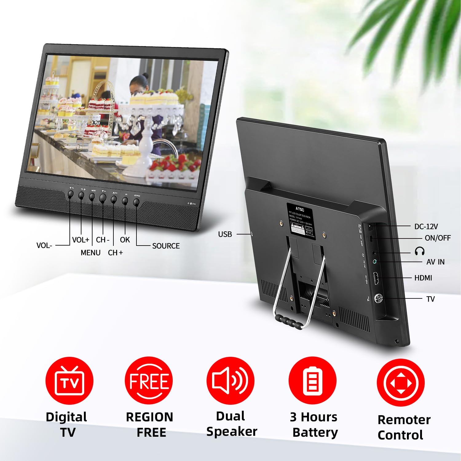 14 Inch Portable TV with Rechargeable Battery - Digital ATSC Tuner, Built-in Antenna, USB/HDMI/AV Inputs - 12V/AC Power for Car, RV, Camping & Kitchen Use - Compact Travel Entertainment (No WiFi/Bluetooth/Satellite) - Perfect for Road Trips, Tailgating & Outdoor Adventures