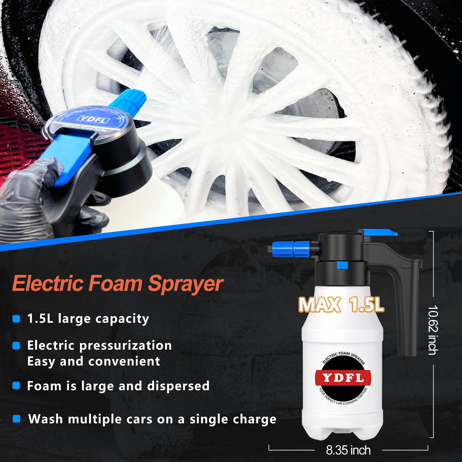 Electric Foam Sprayer with USB Rechargeable Battery - 1.5L Pressurized Car Wash Foam Cannon for Home, Garden & Auto Detailing | Perfect for Washing Cars, Motorcycles, Bikes & Outdoor Cleaning