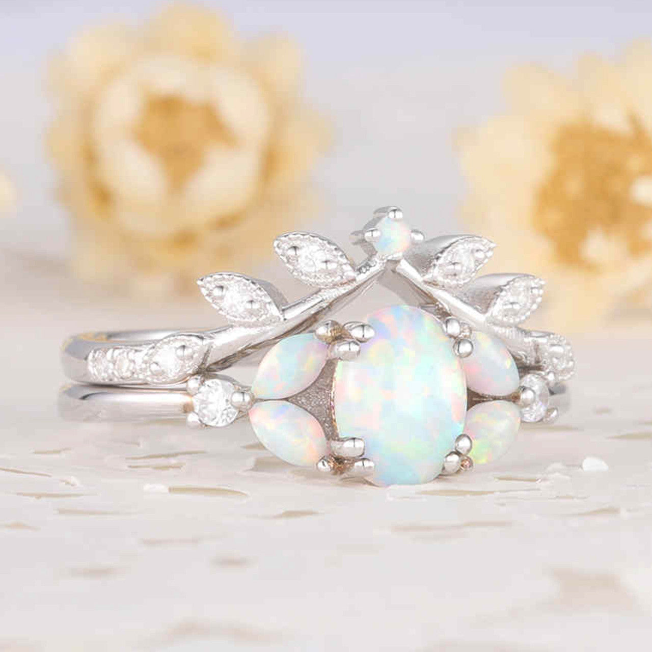 Oval Opal Ring Set in White Gold with Diamond Accents – Elegant Bridal Jewelry for Women | Perfect for Engagement, Wedding & Anniversary Gifts