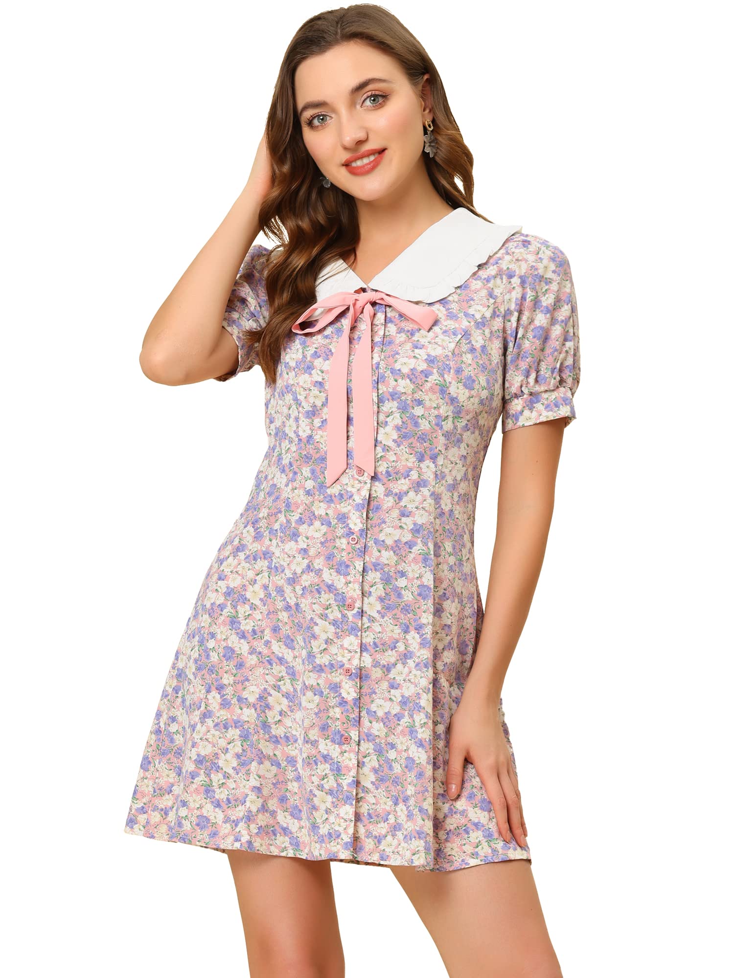 Allegra K Women's Floral Print Peter Pan Collar Dress with Bow Tie - Short Sleeve Button Down Shirt Dress for Spring Summer 2024 | Perfect for Office, Date Night & Garden Parties
