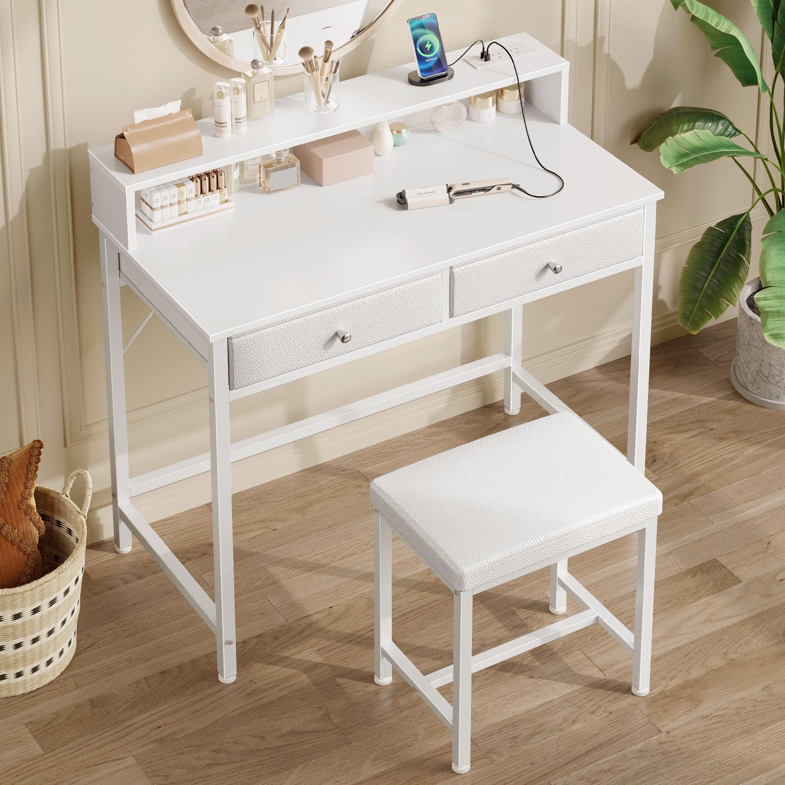 Modern White Vanity Desk Without Mirror - Makeup Vanity with Storage Drawers & USB Charging Station, Compact Bedroom Desk with Home Office Function for Small Spaces | Perfect for Makeup Organization, Remote Work & Space-Saving Bedroom Decor