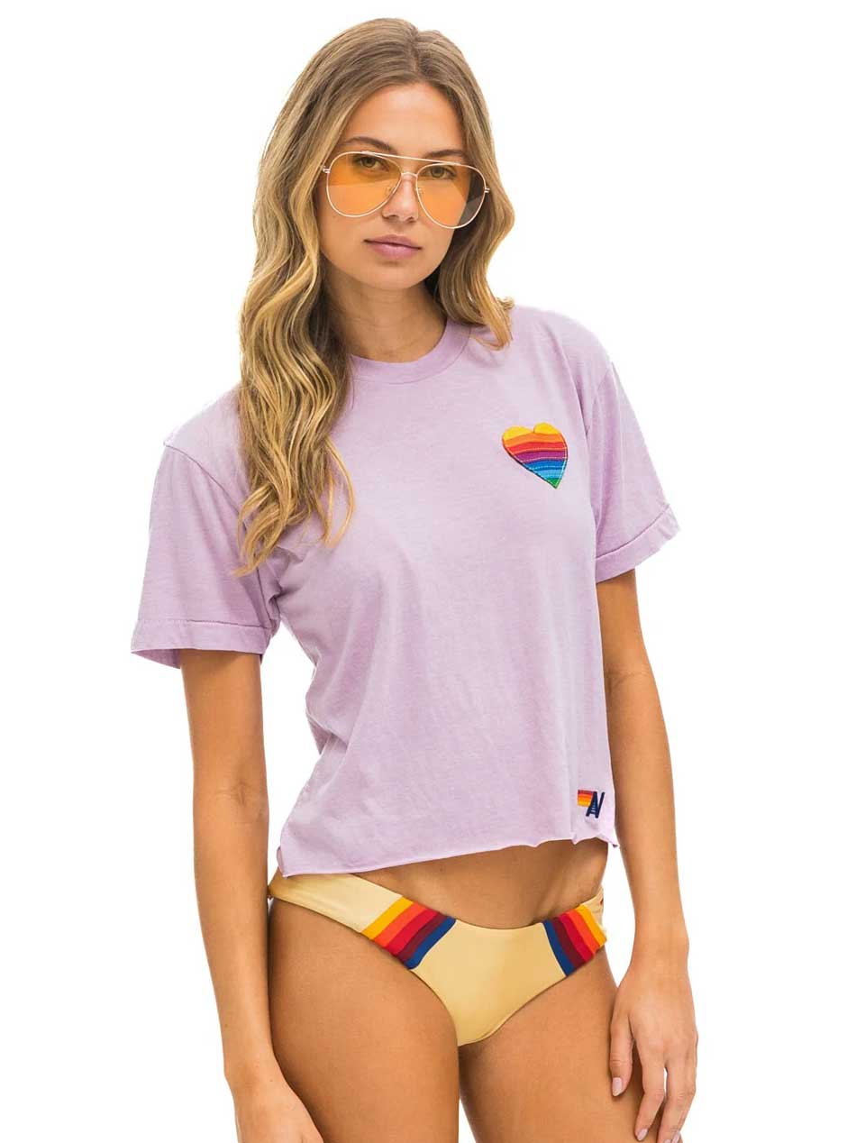 Aviator Nation Women's Rainbow Heart Stitch Boyfriend Tee - Mauve Purple Vintage Style Soft Cotton T-Shirt for Casual Wear & Music Festivals