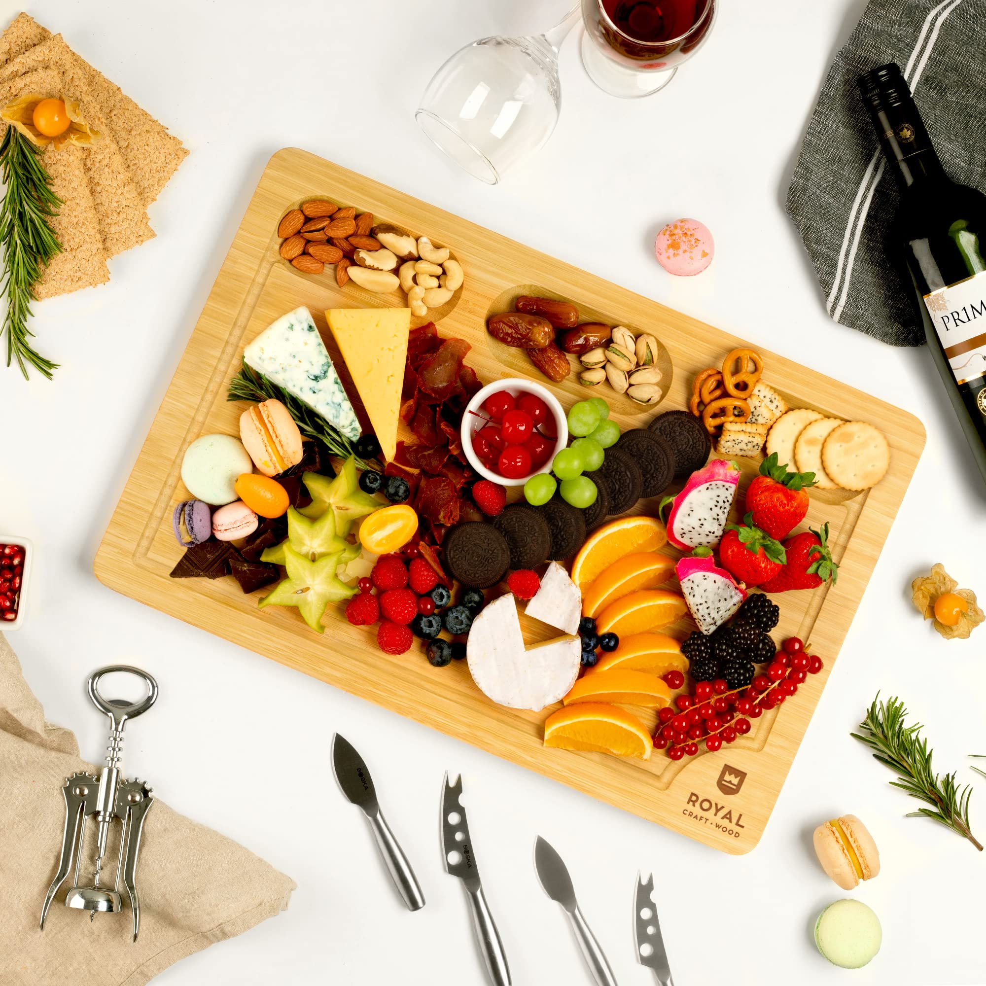 Premium Extra Large Wooden Charcuterie Board Set - Natural Bamboo Cheese & Meat Serving Tray with Handles - Perfect for Entertaining, Housewarming Gifts, Dinner Parties, Wine & Cheese Nights - Appetizer Platter for Charcuterie, Cheese, Fruits & Crackers