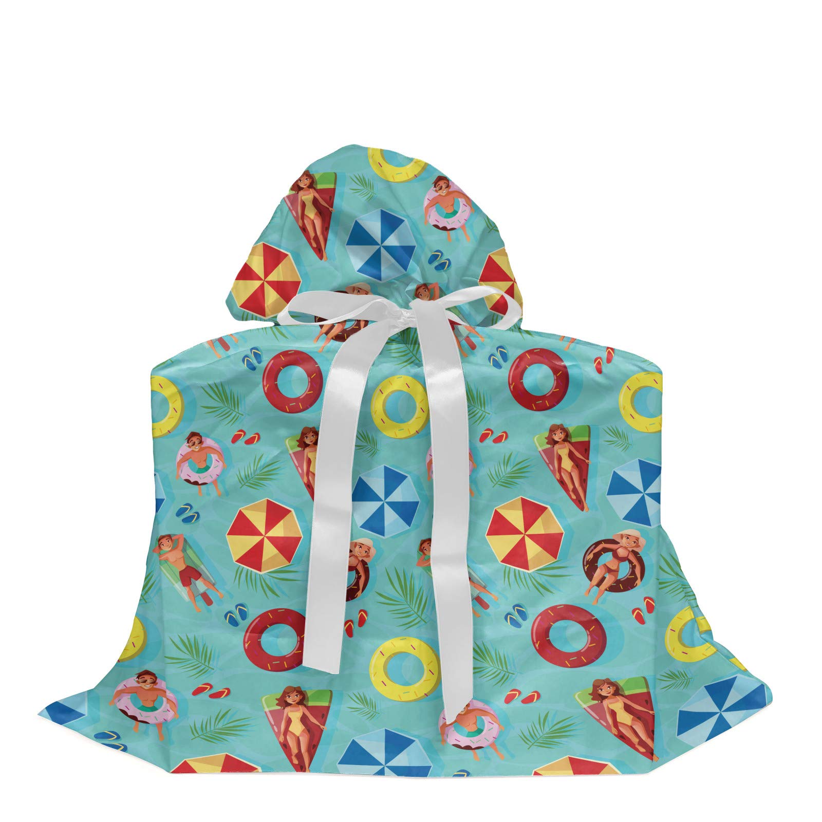 Ambesonne Pool Party Gift Bag - Summer Pool Doodle Design with Funny Swim Float Rubbers, Happy Boys & Girls Fabric Favor Pouch, 3 Ribbons, Multicolor - Perfect for Beach Parties, Birthday Favors & Summer Events