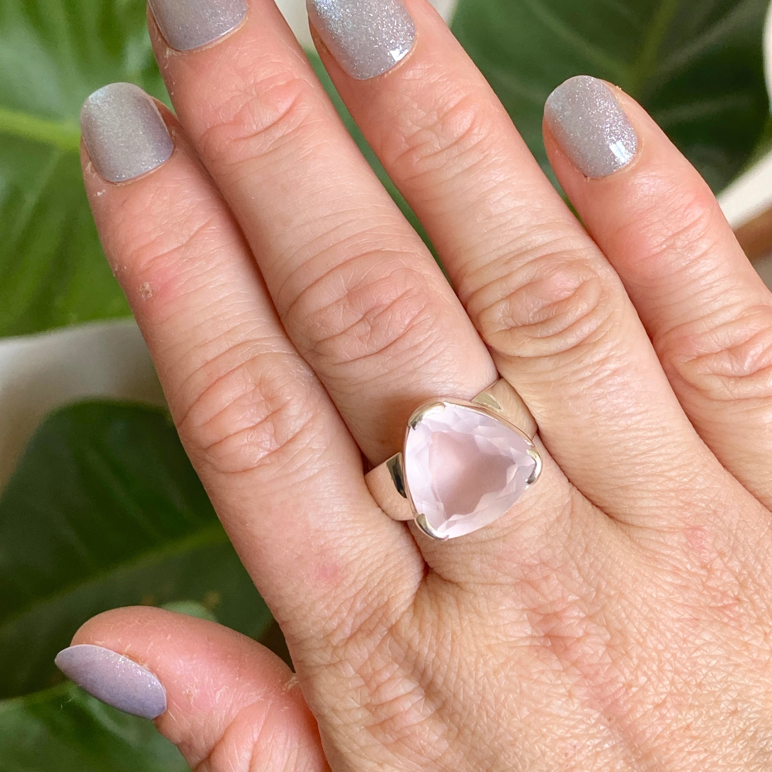 Rose Quartz Triangular Faceted Ring - Size 10 - KRGJ3324 - Elegant Boho Jewelry for Women, Perfect for Weddings, Parties & Everyday Wear