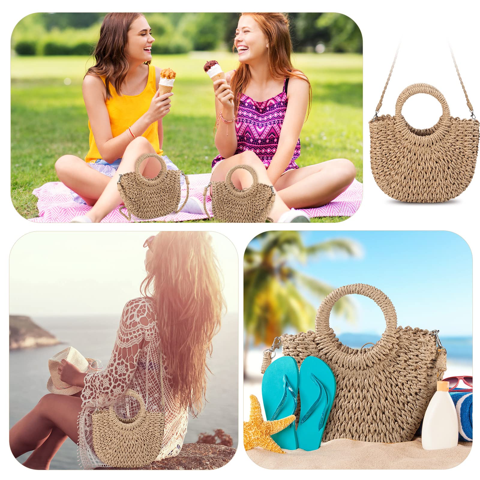 3 Pcs Semi Circle Rattan Straw Bags for Women - Hand Woven Beach Tote & Crossbody Purse - Summer Mini Wicker Clutch with Top Handle - Perfect for Beach Outings, Picnics, and Vacation Accessories