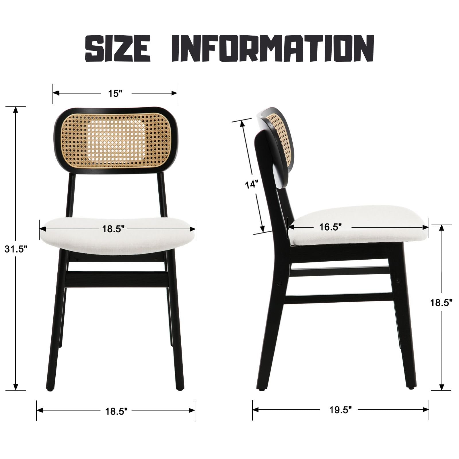 2 Pack Rattan Dining Chairs - Black Linen Upholstered Farmhouse Kitchen Chairs with Natural Wood Frame | Boho Style Side Chairs for Dining Room, Breakfast Nook & Outdoor Patio