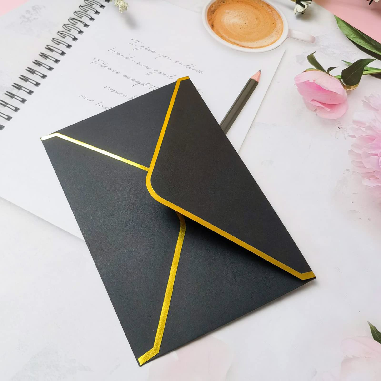 50 Pack A6 Gold Foil Trim Envelopes 4x6 Inches - Elegant Wedding Invitation Envelopes, Graduation & Birthday Cards, Photo Mailers - Perfect for Special Occasions & Professional Correspondence (Black)