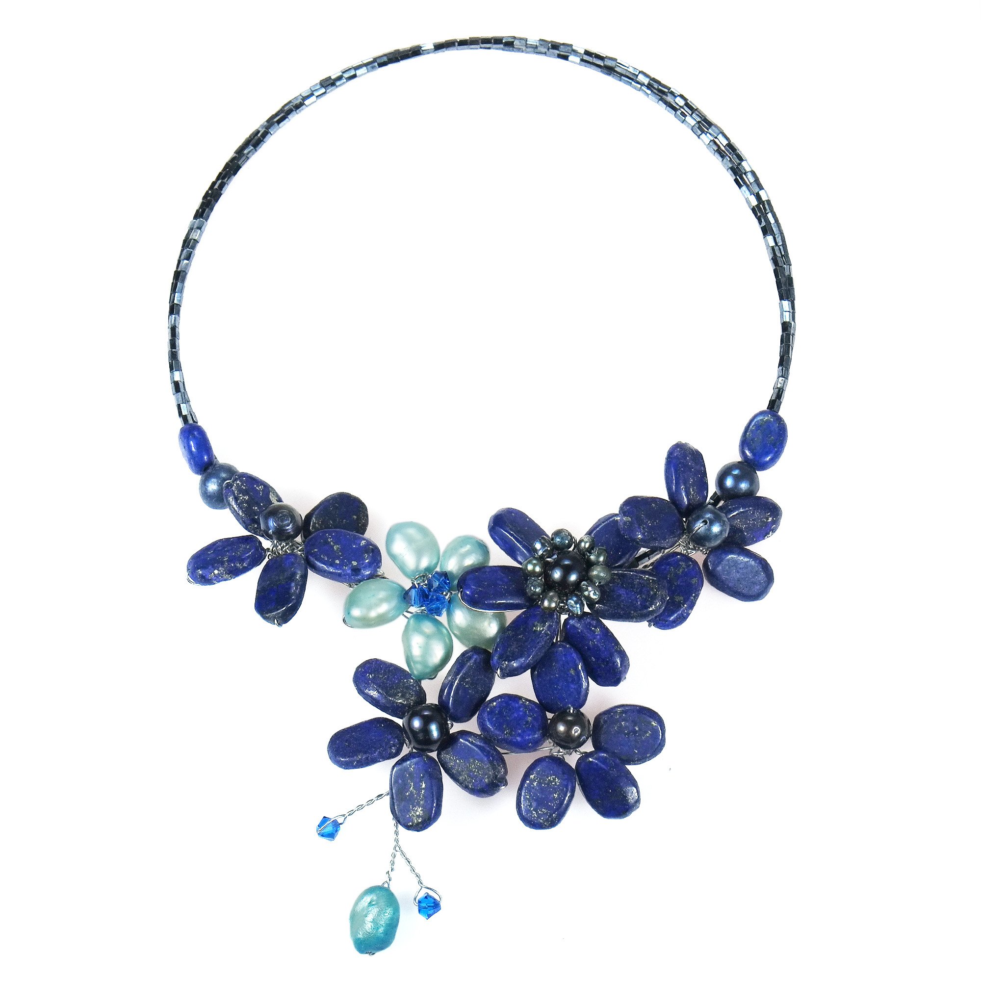 AeraVida Floral Lace Pearl Necklace - Blue Lapis Lazuli Crystal Choker for Women | Anniversary Gift Jewelry for Special Occasions