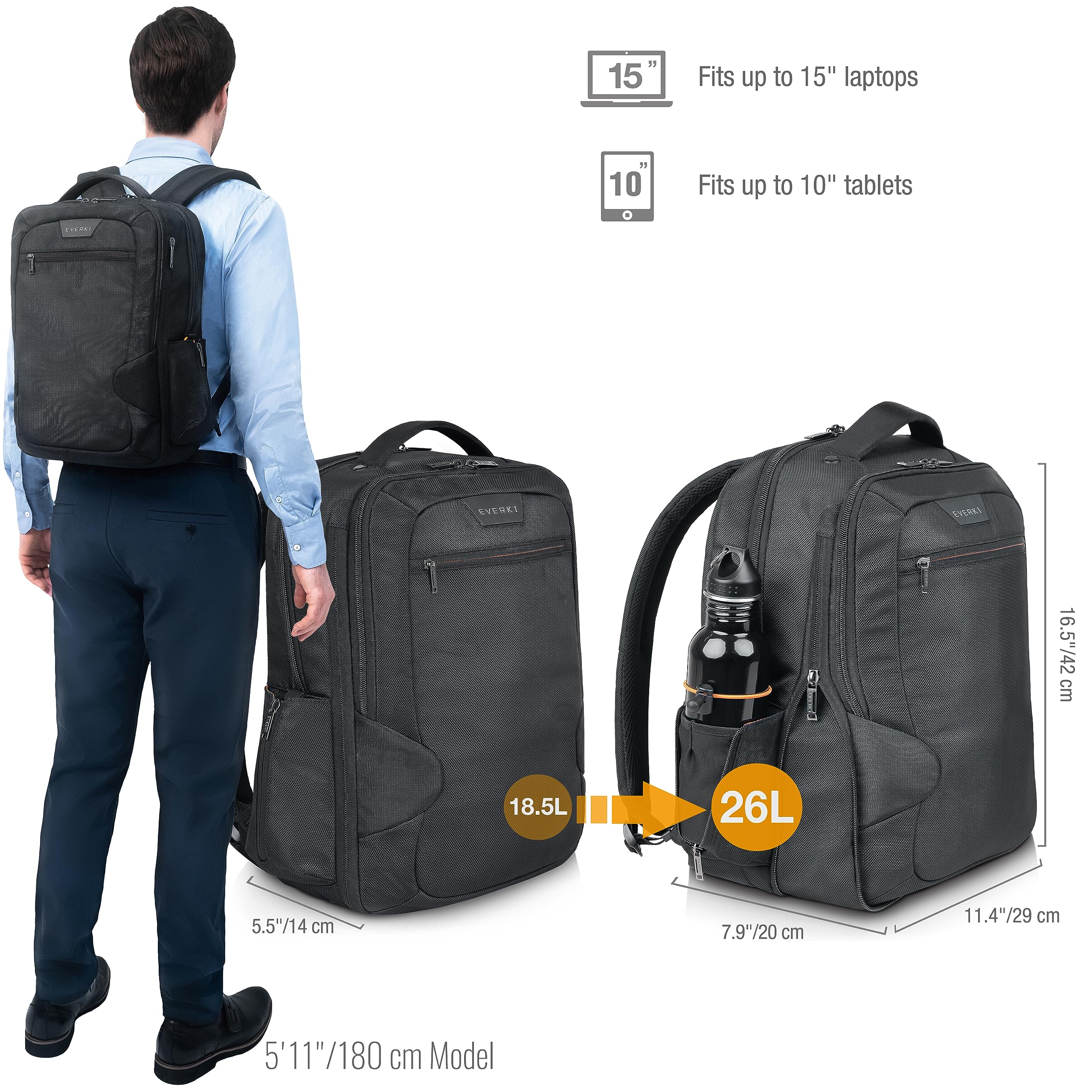 Everki Studio Expandable 15 Inch Laptop Backpack for Men & Women - 26L Capacity Professional Business Backpack - Water-Resistant Travel Backpack for MacBook, Notebook, Office & Commuting - Perfect for Work, School & Airplane Travel (Black)