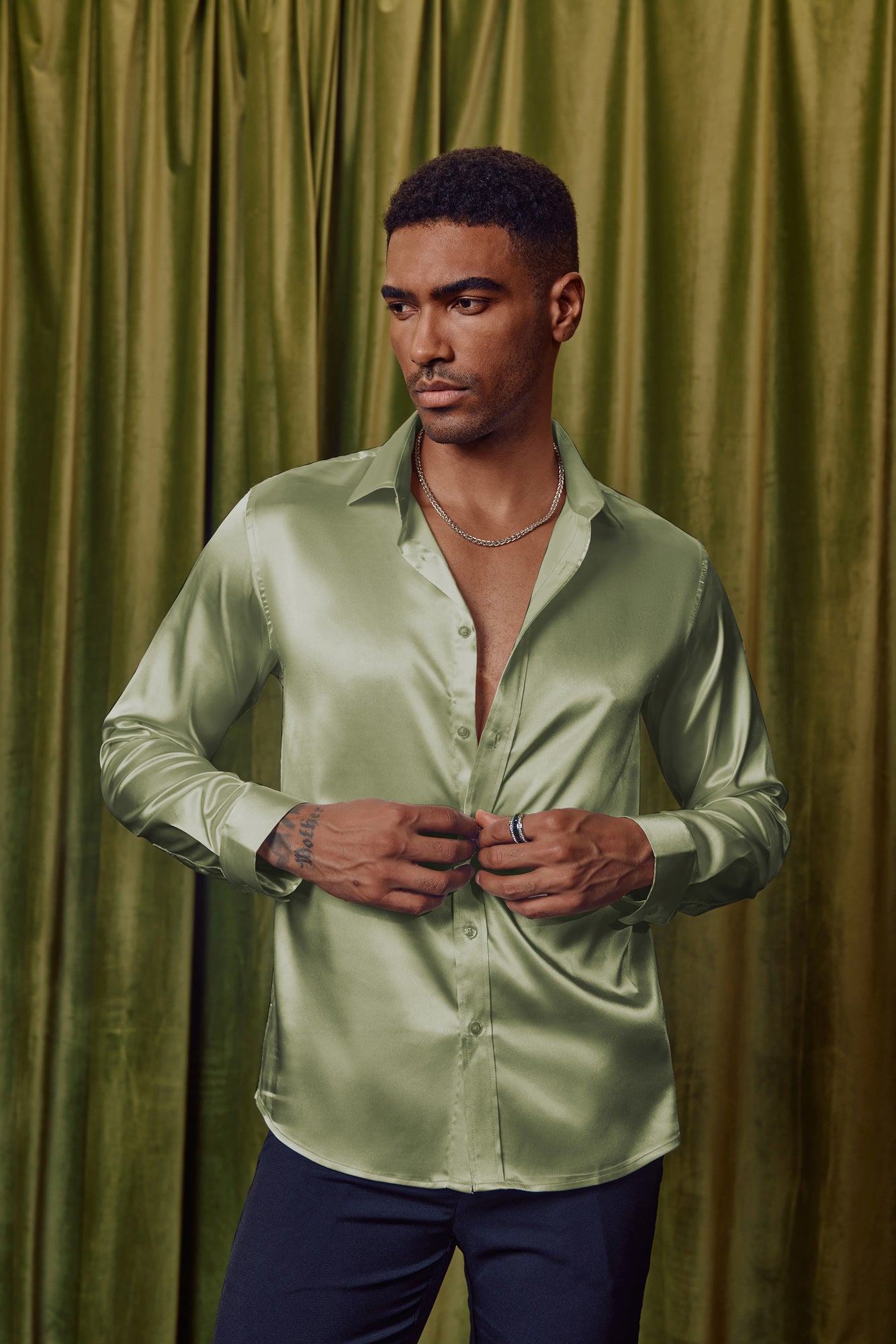 Men's Shiny Satin Dress Shirts - Long Sleeve Button Down Silk Cardigan Shirt with Bow Tie | Formal Wear for Weddings, Parties & Business Meetings