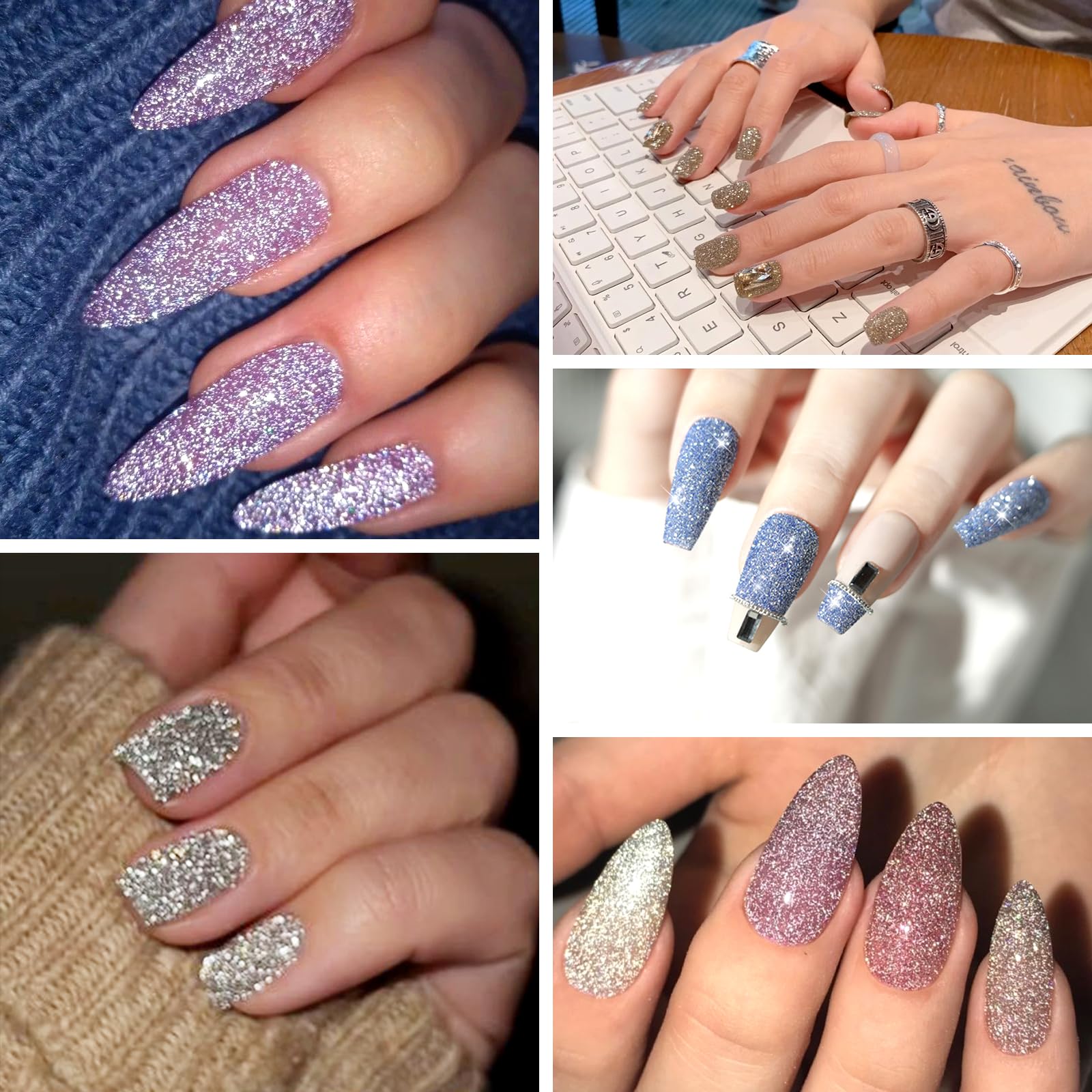 SIUSIO 8 Colors Diamond Nail Glitter Set - Reflective Glitter Dust & Shiny Sugar Nail Powder for Gel Polish Nail Art - Perfect for Disco Party, Nightclub, Wedding & DIY Nail Crafts