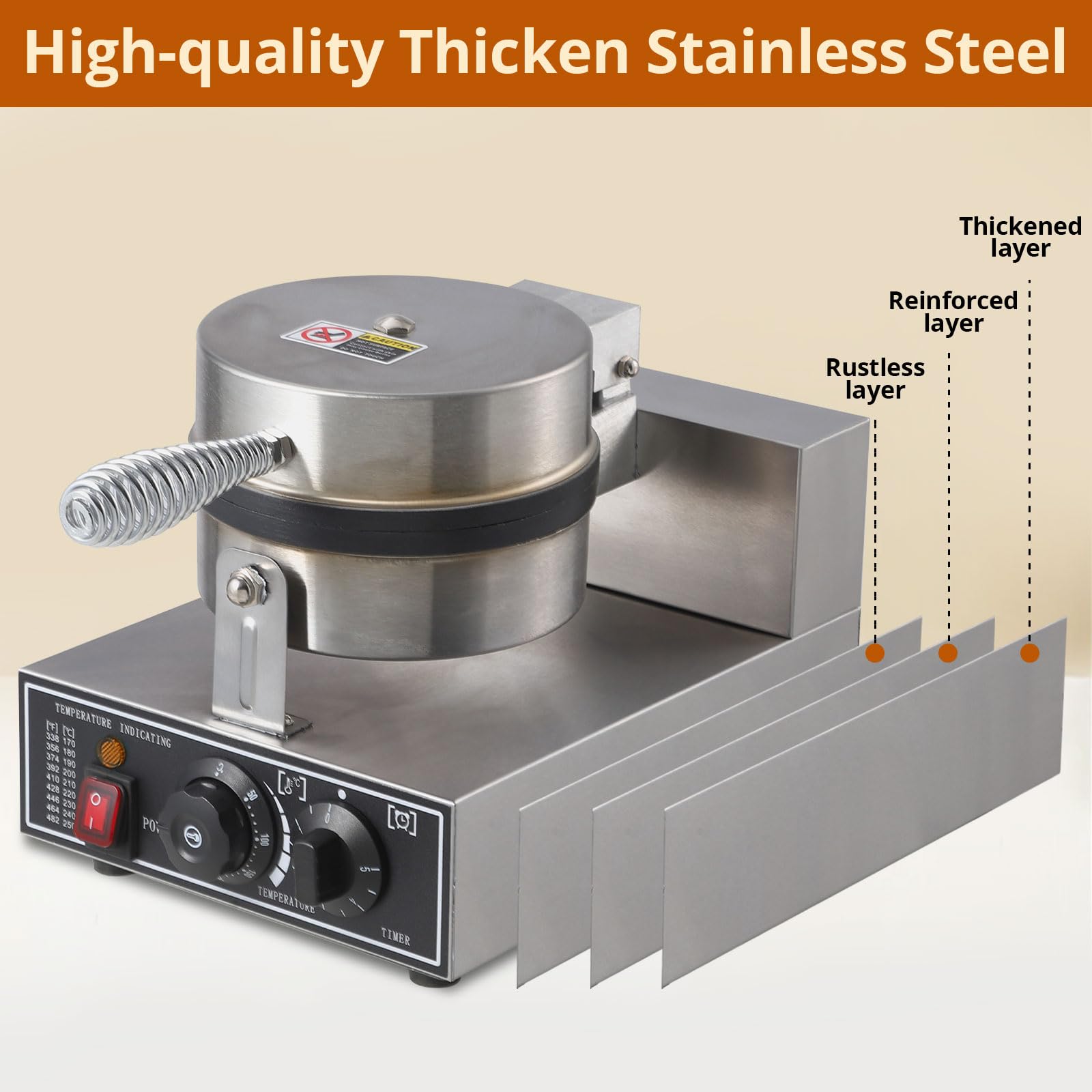 Commercial Waffle Maker 1300W - Round Non-Stick Waffle Iron with Rotatable Plates, 50°C-300°C Adjustable Temperature, Stainless Steel Restaurant Waffle Machine 110V - Perfect for Breakfast Cafes, Hotels, and Brunch Restaurants