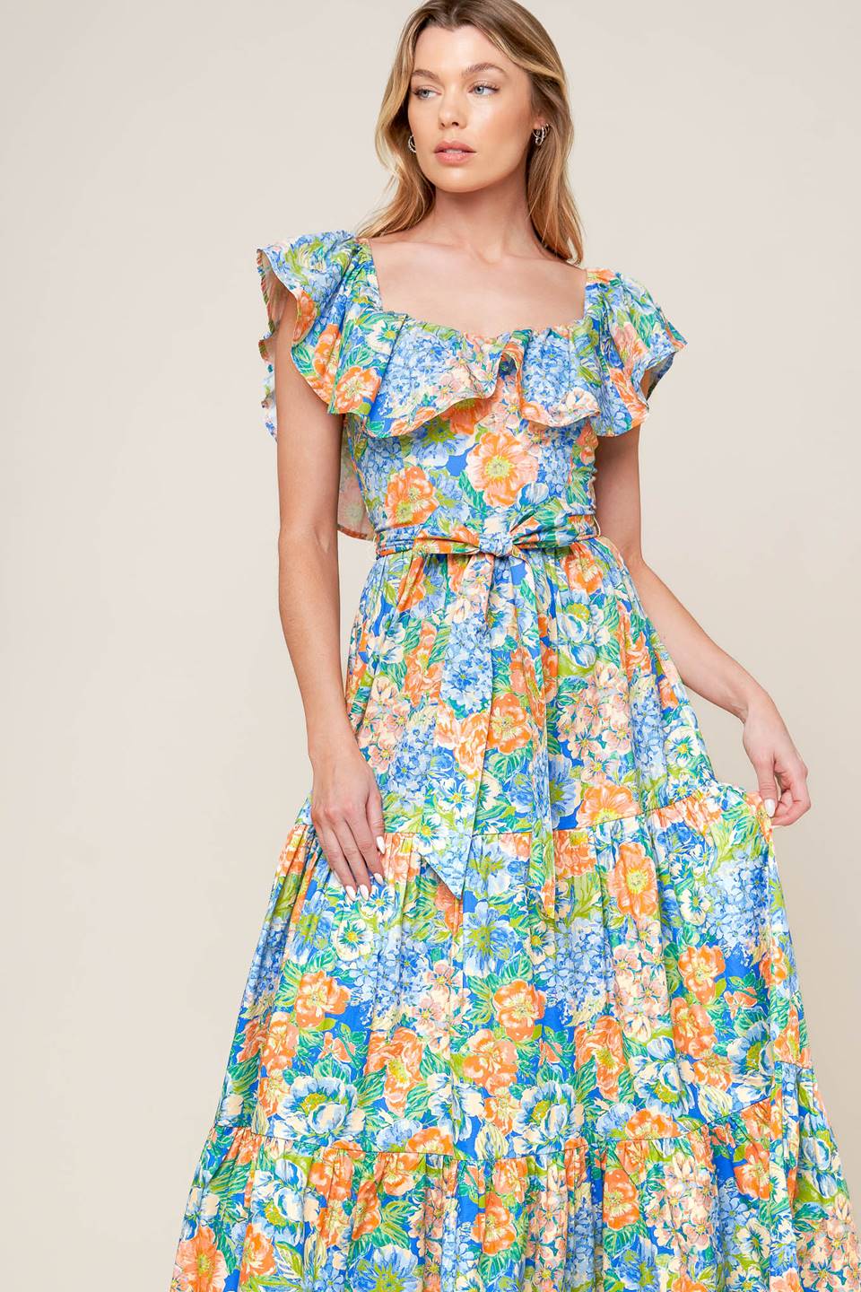 Elegant Coral & Powder Blue Maxi Dress for Women - Perfect for Garden Parties, Weddings & Summer Outings