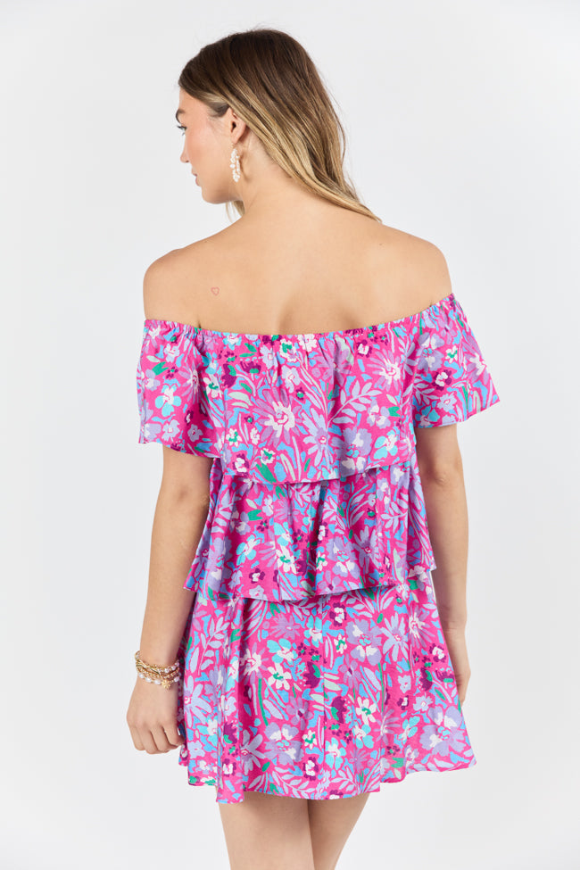Pink Floral Printed Off-The-Shoulder Mini Dress - Women's Summer Party Cocktail Dress for Beach Vacation & Date Night