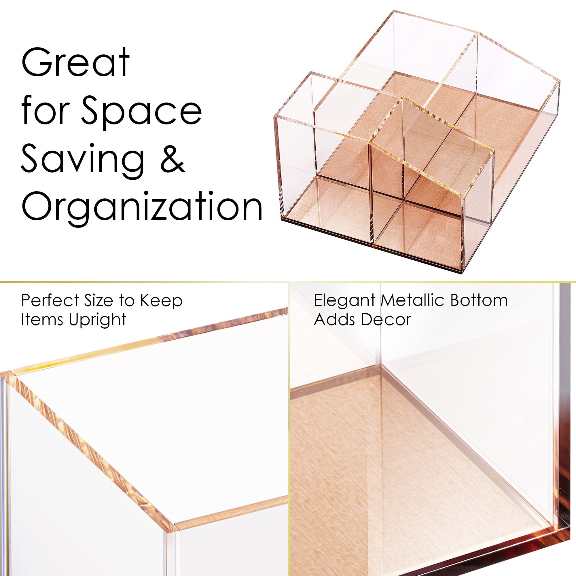 Clear Acrylic Makeup Brush Holder with Rose Gold Base - 4 Compartment Cosmetic Organizer for Vanity, Bathroom & Office Desk - Perfect for Makeup Storage, Classroom Supplies & Home Organization Accessories