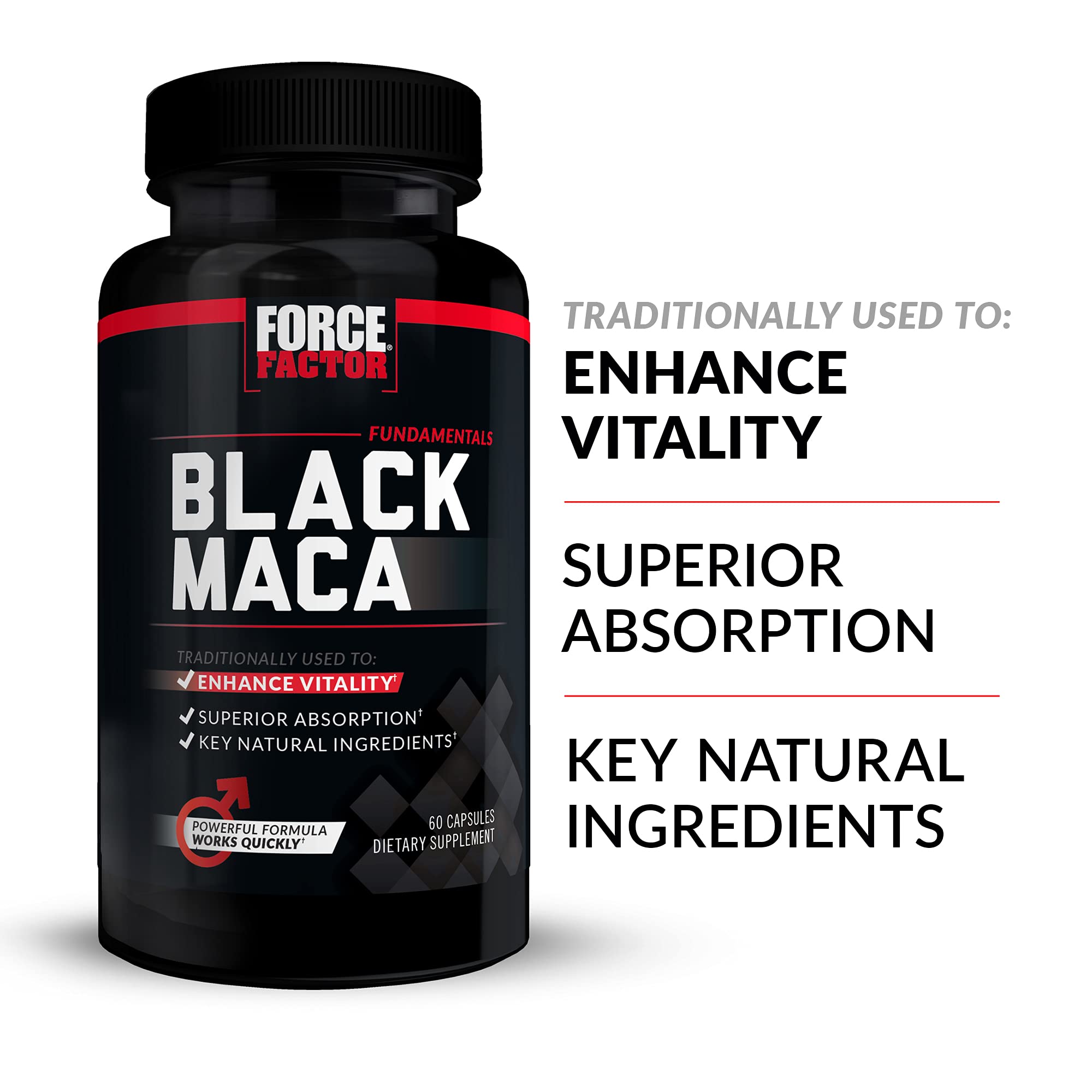 Force Factor Black Maca Root Supplement for Men - 1000mg Natural Maca Negra Extract with Superior Absorption, 60 Capsules - Energy, Stamina & Vitality Booster for Workout, Fitness & Daily Performance