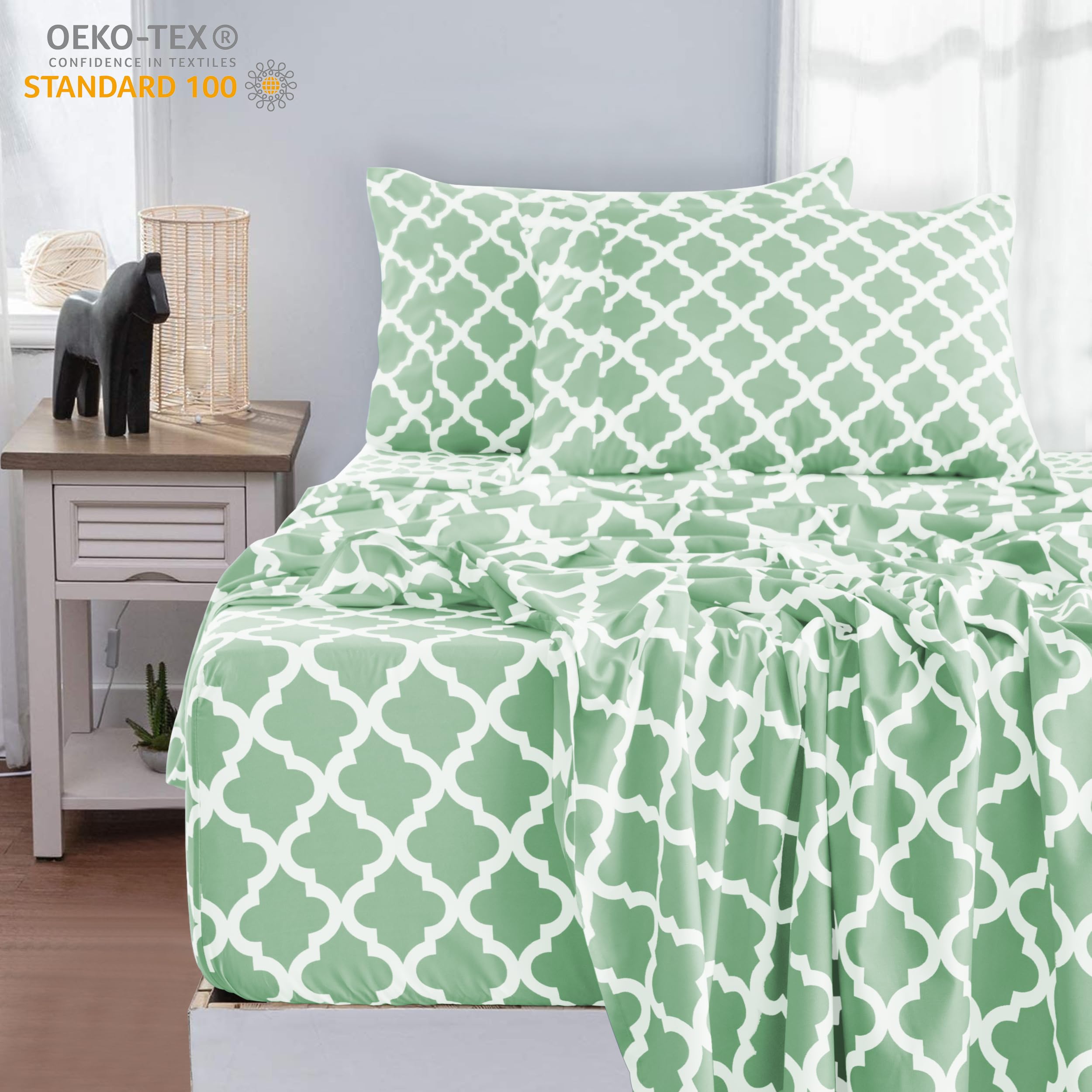 Lux Decor California King Size Bed Sheets Set - 4-Piece Cooling & Breathable Microfiber Sheet Set with Deep Pockets | Hotel Style, Soft, Wrinkle-Free & OEKO-TEX Certified Quatrefoil Design (Sage Green) - Perfect for Hot Sleepers, Guest Rooms & Luxury Bedroom Decor