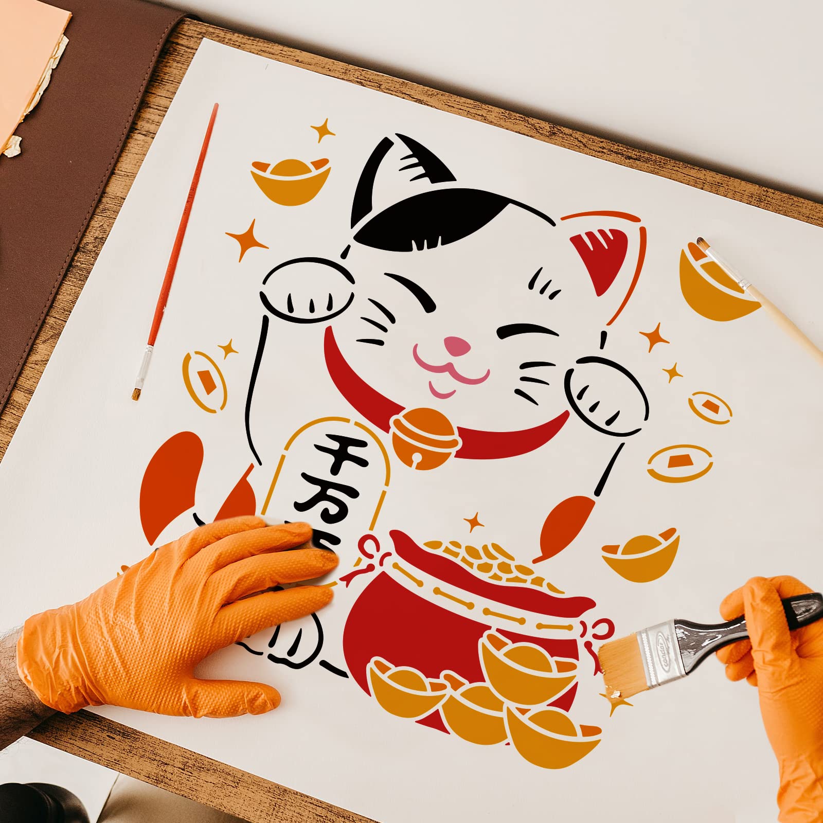 FINGERINSPIRE 11.8x11.8 Inch Lucky Cat Stencil - Reusable Fortune Cat Drawing Template for Wall Painting, Wood, Paper, Fabric & Floor - Perfect for DIY Home Decor, Art Projects & Crafting