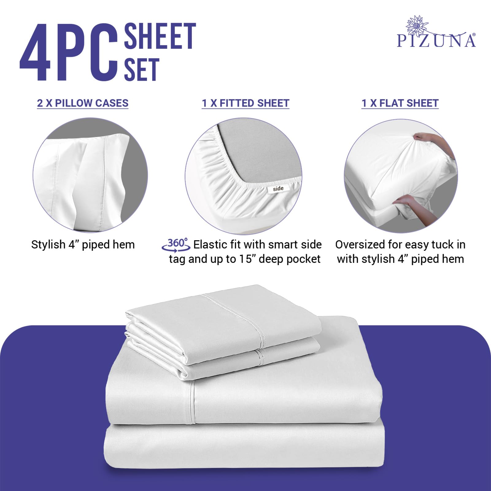 Pizuna Pure 100% Luxury Cotton Queen Size Sheet Set - 1000 Thread Count Long Staple Sateen Weave - Soft Breathable Deep Pocket Sheets Fits 15