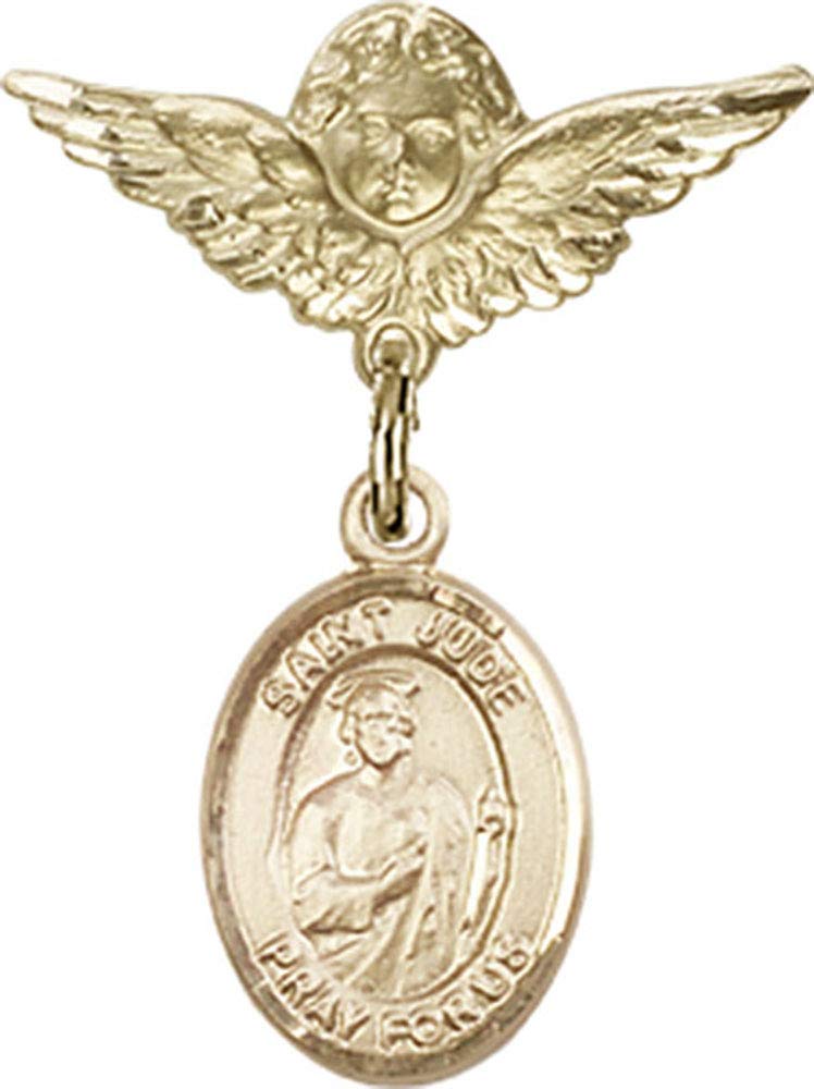 St. Jude Thaddeus & Angel Wing Gold Filled Baby Badge Pin - Religious Jewelry for Christening, Baptism & First Communion Gifts - Handmade in USA