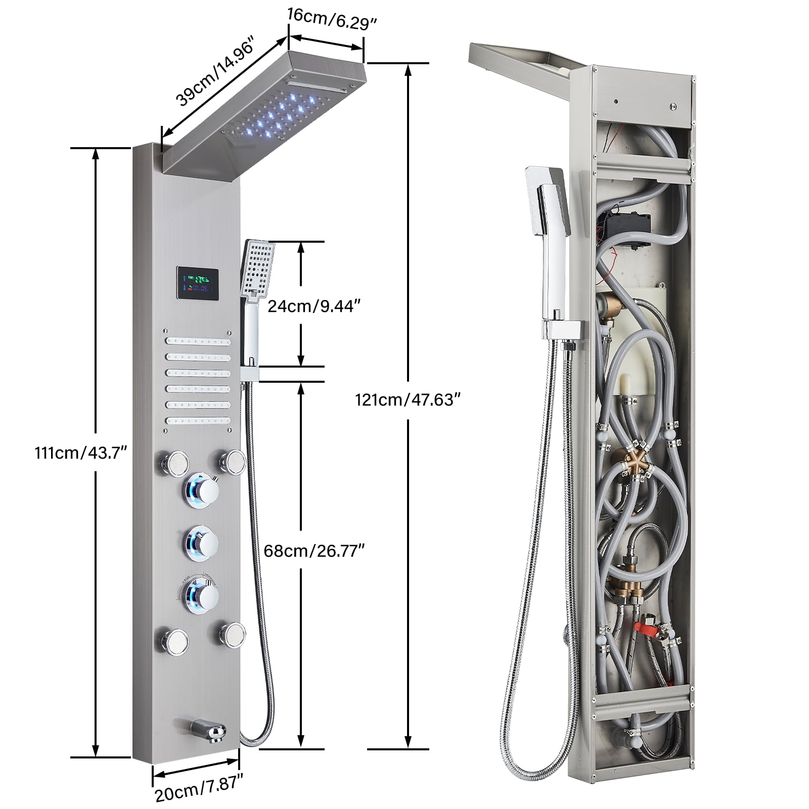 NeierThodore LED Rainfall Shower Panel - Multi-Function Shower Tower System with Massage Jets, Handheld Sprayer & Temperature Display in Brushed Nickel - Perfect for Spa-Like Bathroom Upgrades and Luxury Home Renovations