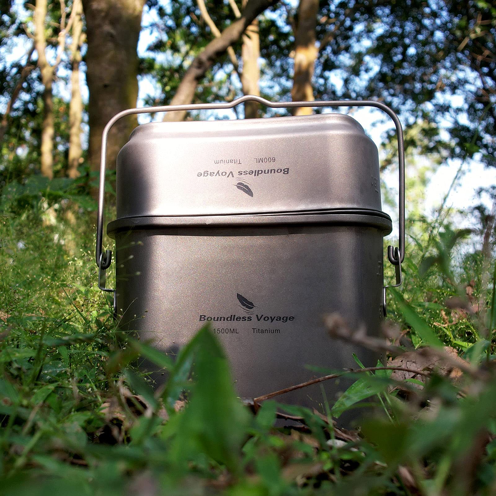 Boundless Voyage Titanium Camping Cookware Set - Lightweight Canteen Cup, Mess Kit & Kidney-Shaped Hanging Pot with Lid & Handles (Ti2059C) for Backpacking, Hiking & Outdoor Cooking Adventures