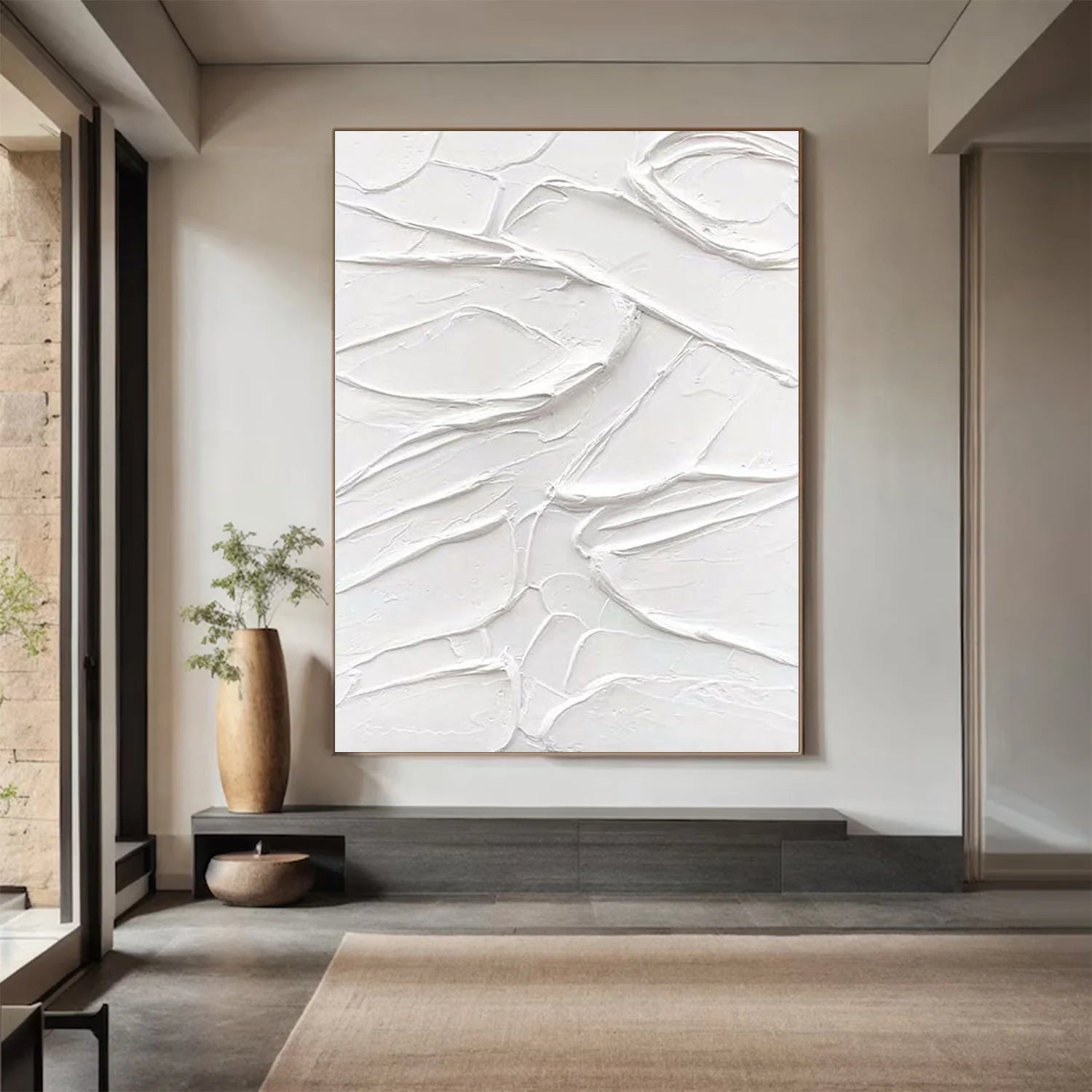 White Minimalist Textured Painting Canvas Wall Art - Modern Abstract Vertical Decor for Living Room, Bedroom & Office | #MM003