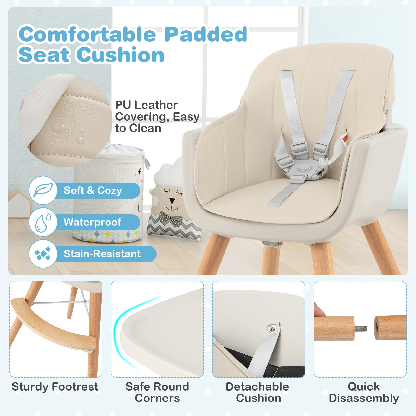 HONEY JOY 3-in-1 Wooden High Chair for Babies & Toddlers - Convertible Booster Seat & Toddler Chair with Removable Tray, 5-Point Safety Harness, PU Cushion & Adjustable Footrest - Beige - Perfect for Dining, Weaning & Learning to Sit Independently