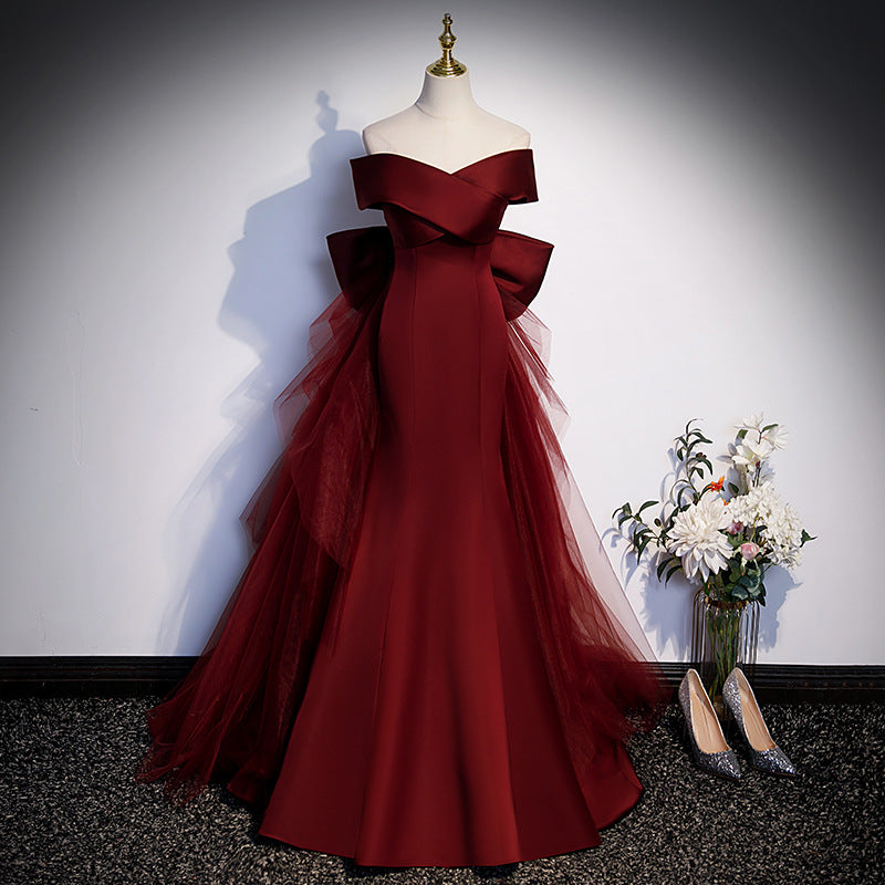 Elegant Burgundy Mermaid Evening Gown - Off Shoulder Satin Prom Dress for Women | Perfect for Formal Events, Weddings & Special Occasions