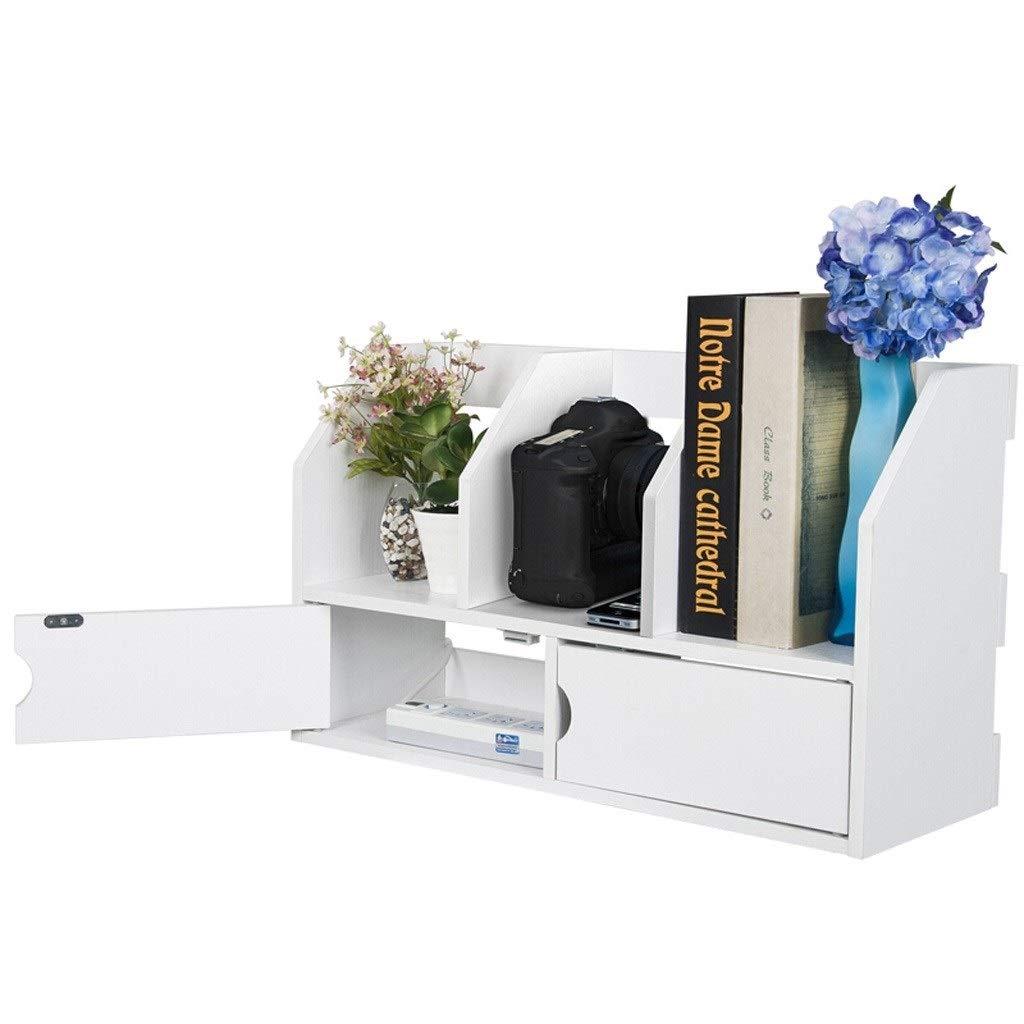 Expandable Bamboo Wood Desktop Bookshelf with 2 Drawers - Space Saving Book Organizer for Home Office, Study & Dorm Room - White Tabletop Bookcase for Books, Magazines & Office Supplies